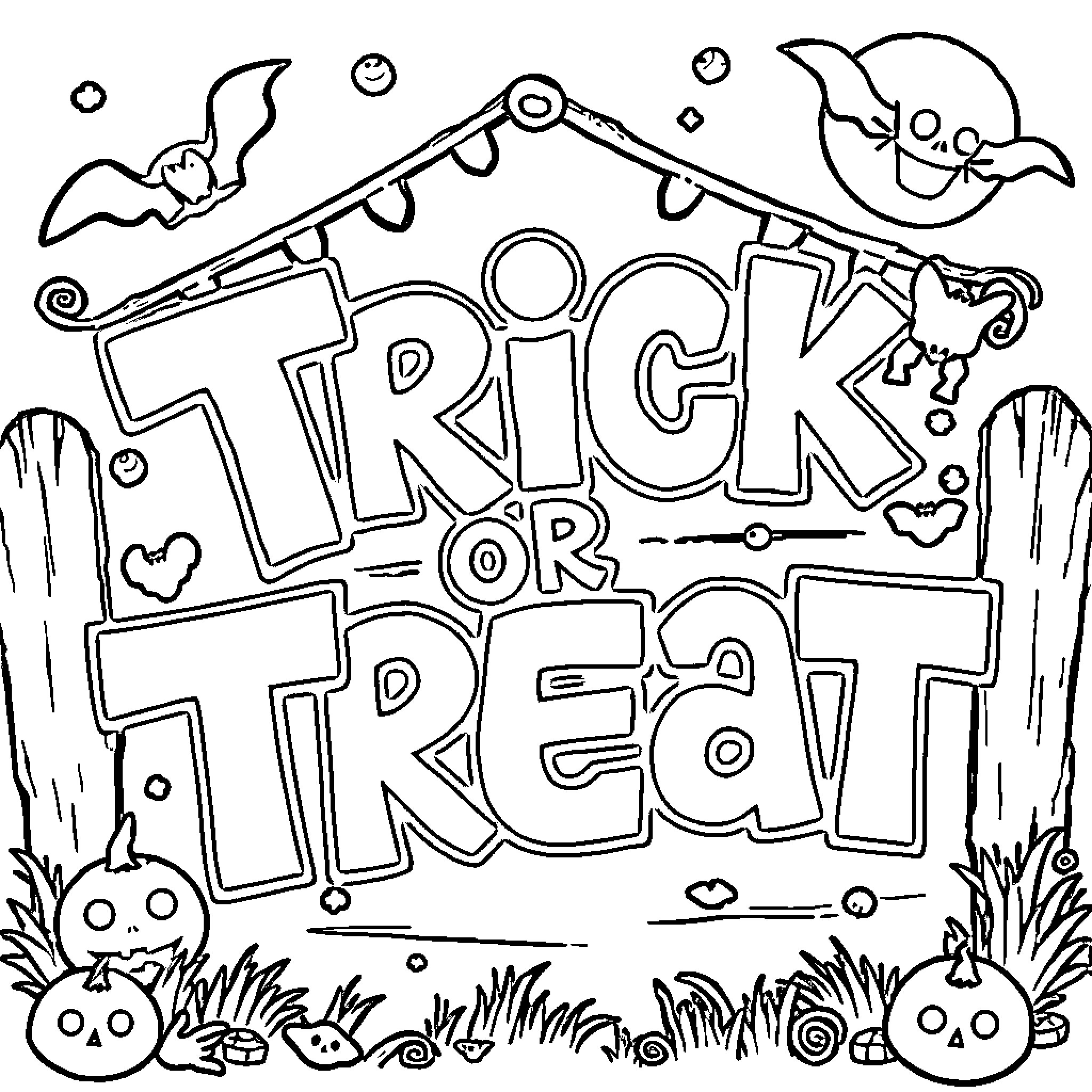 Trick or Treat: Spooky Scenes and Festive Expressions Coloring Page (free black-and-white line drawing printable PDF for all, from beginners to advanced learners, including children, teens, adults, and seniors)