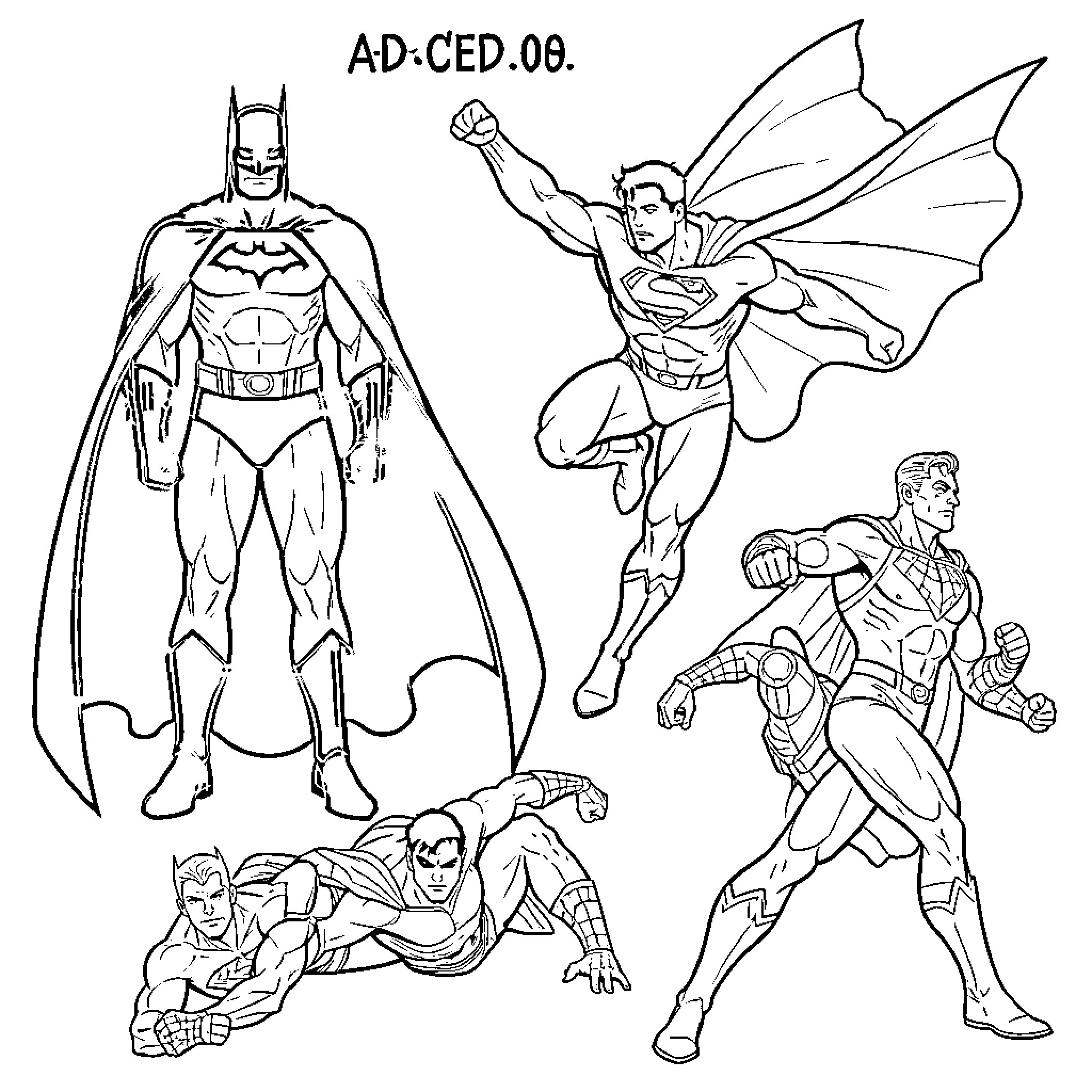 Hero Characters in Action Poses Coloring Page (free black-and-white line drawing printable PDF for all, from beginners to advanced learners, including children, teens, adults, and seniors)