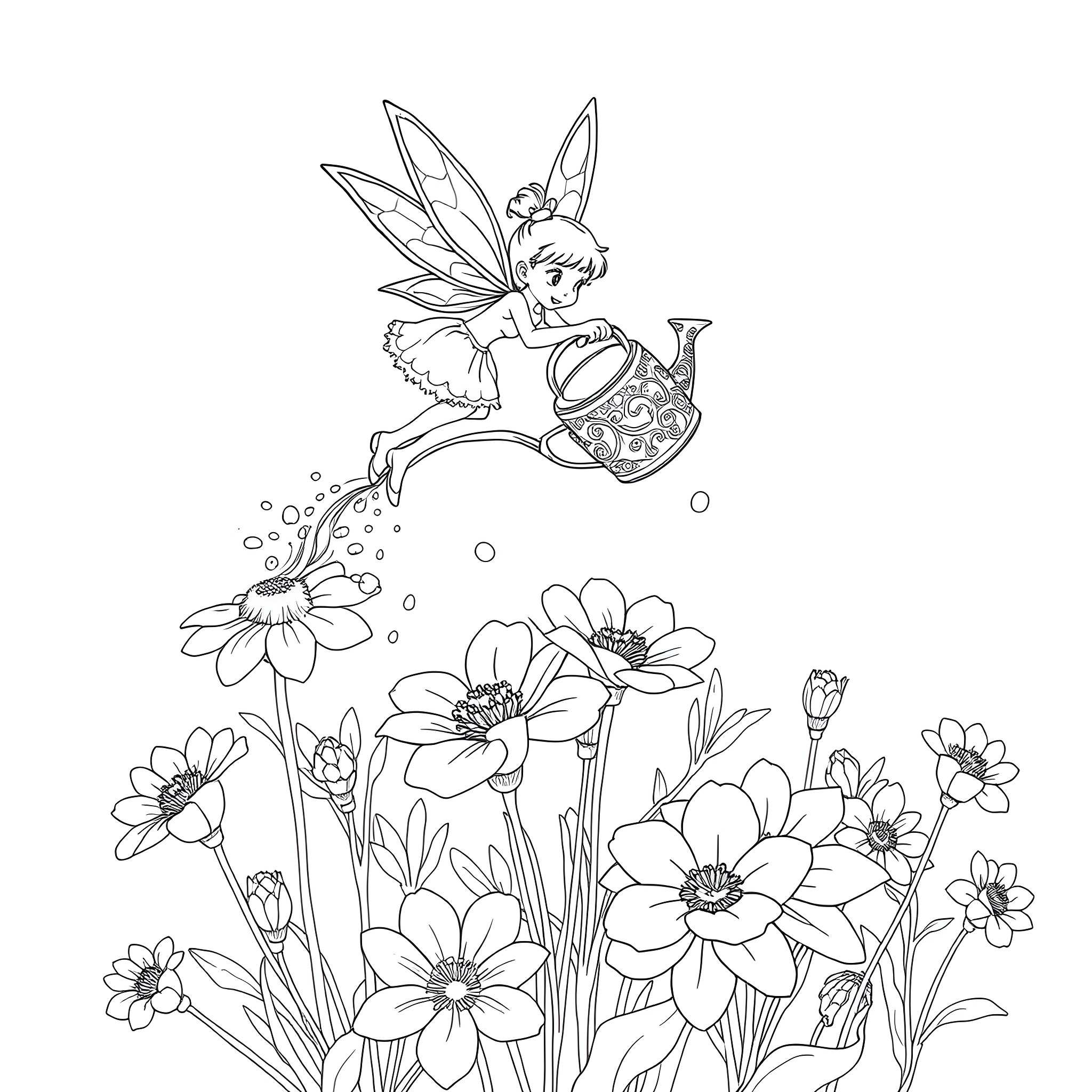 Fairy playing happily with flowers and a watering can Coloring Page (free black-and-white line drawing printable PDF for all, from beginners to advanced learners, including children, teens, adults, and seniors)