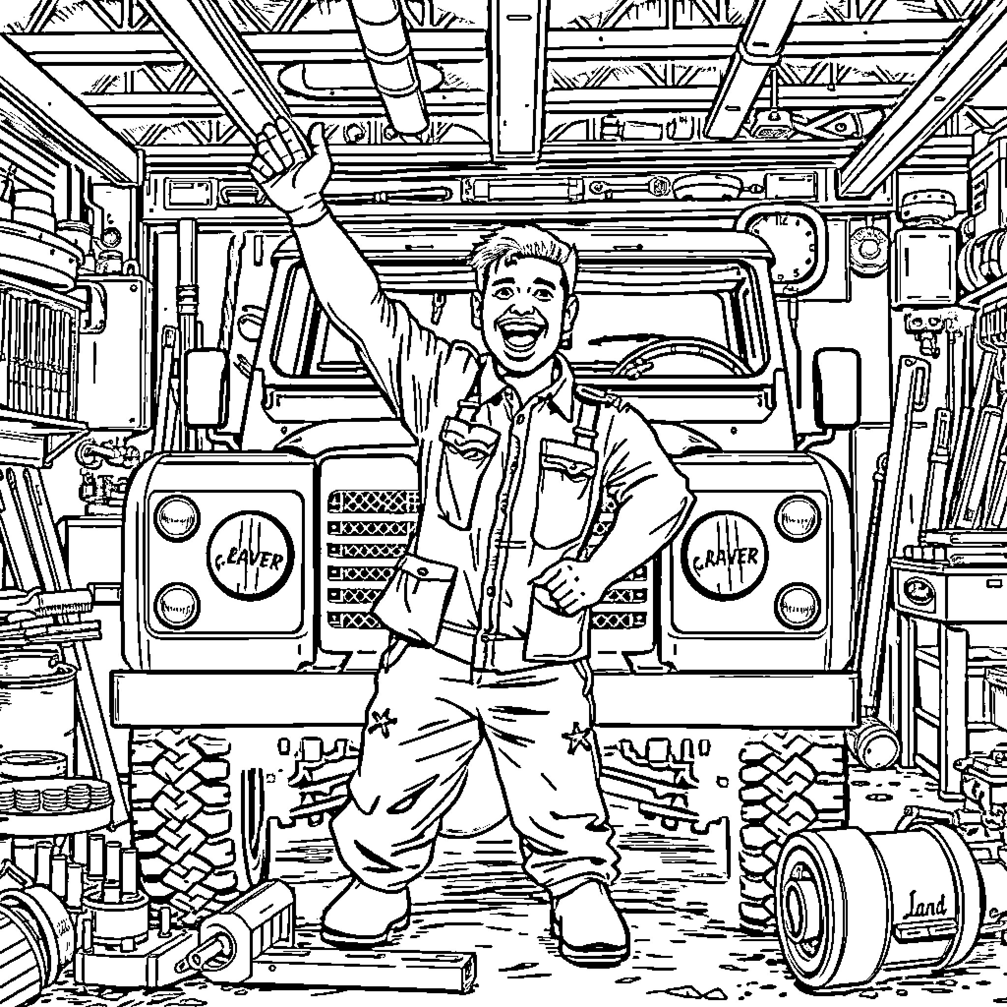 Mechanic Celebrates Successful Repair in Garage Coloring Page (free black-and-white line drawing printable PDF for all, from beginners to advanced learners, including children, teens, adults, and seniors)