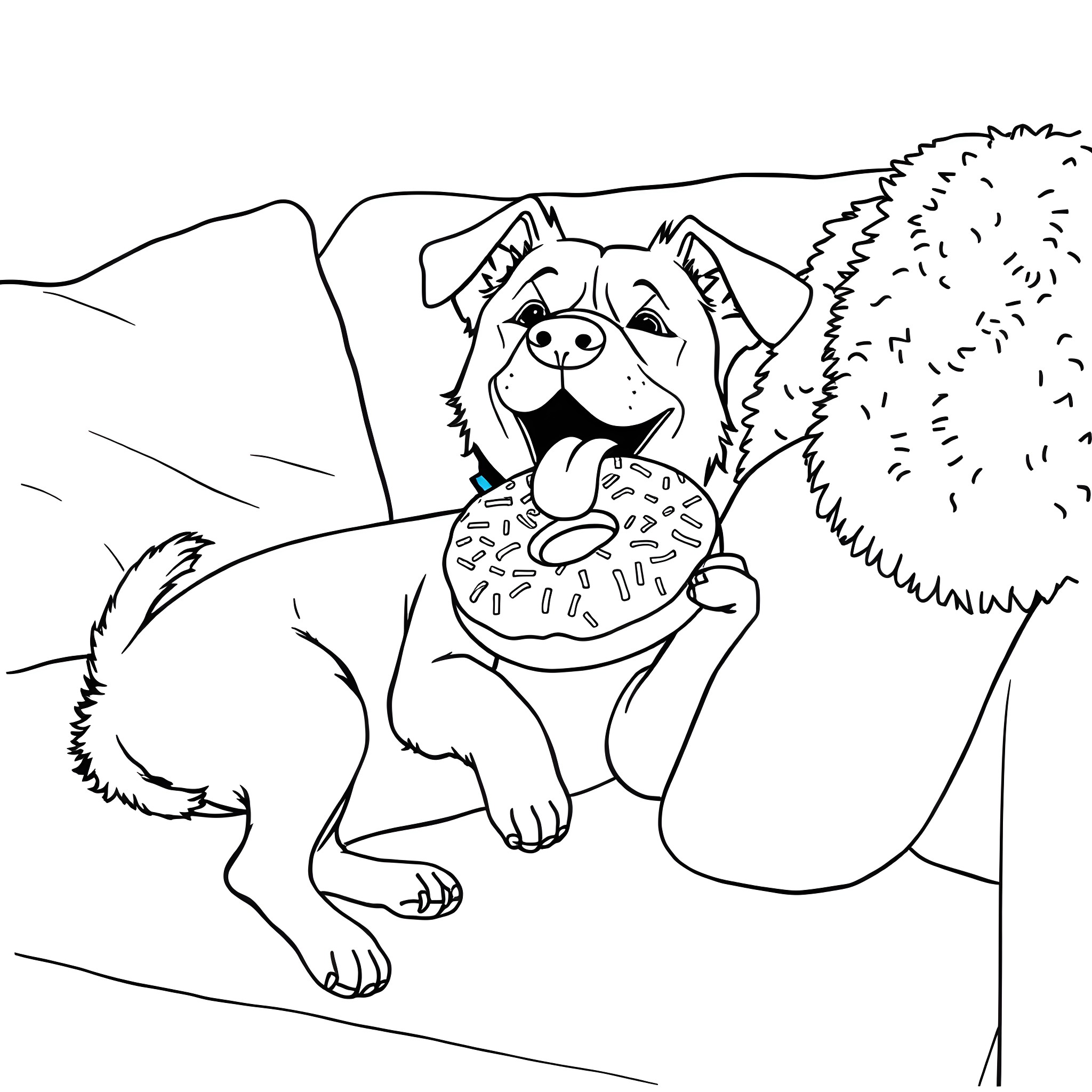 Dog enjoying a tasty donut in the mountains Coloring Page (free black-and-white line drawing printable PDF for all, from beginners to advanced learners, including children, teens, adults, and seniors)