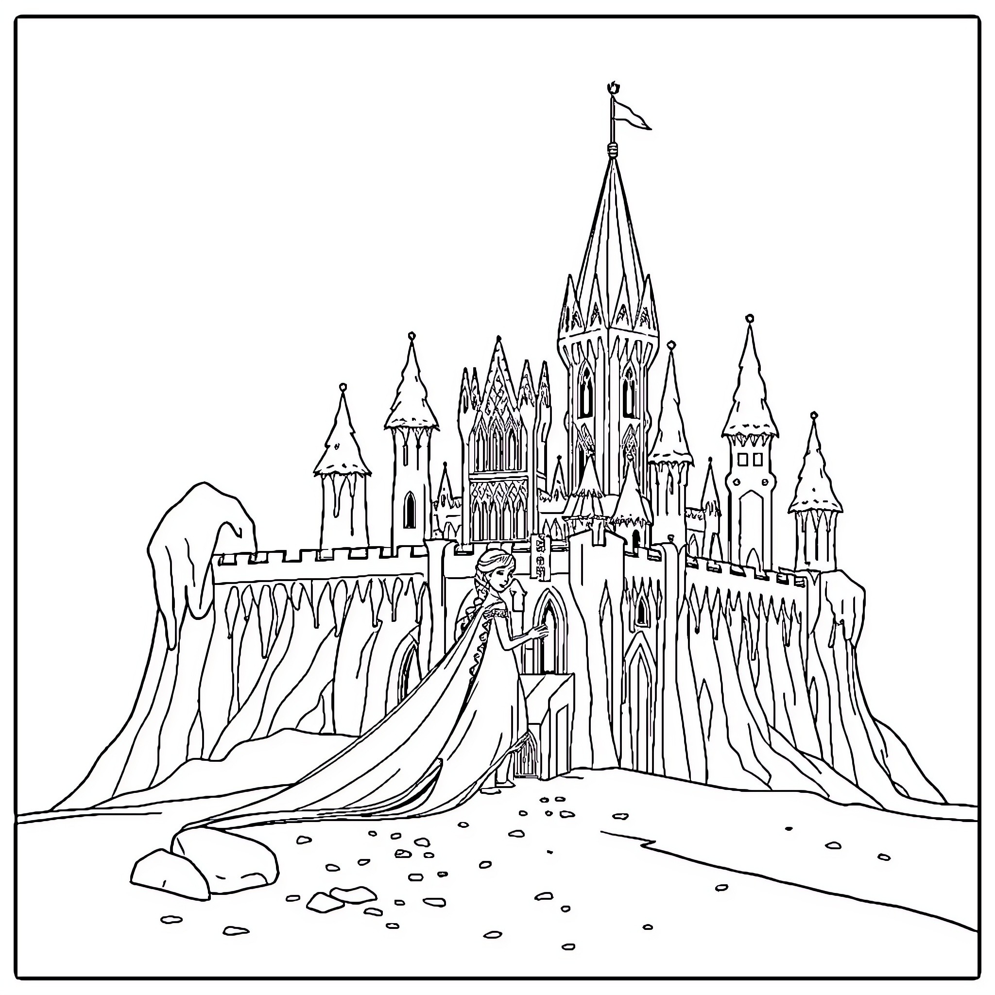 Queen's Enchanted Castle in a Mystical Landscape Coloring Page (free black-and-white line drawing printable PDF for all, from beginners to advanced learners, including children, teens, adults, and seniors)