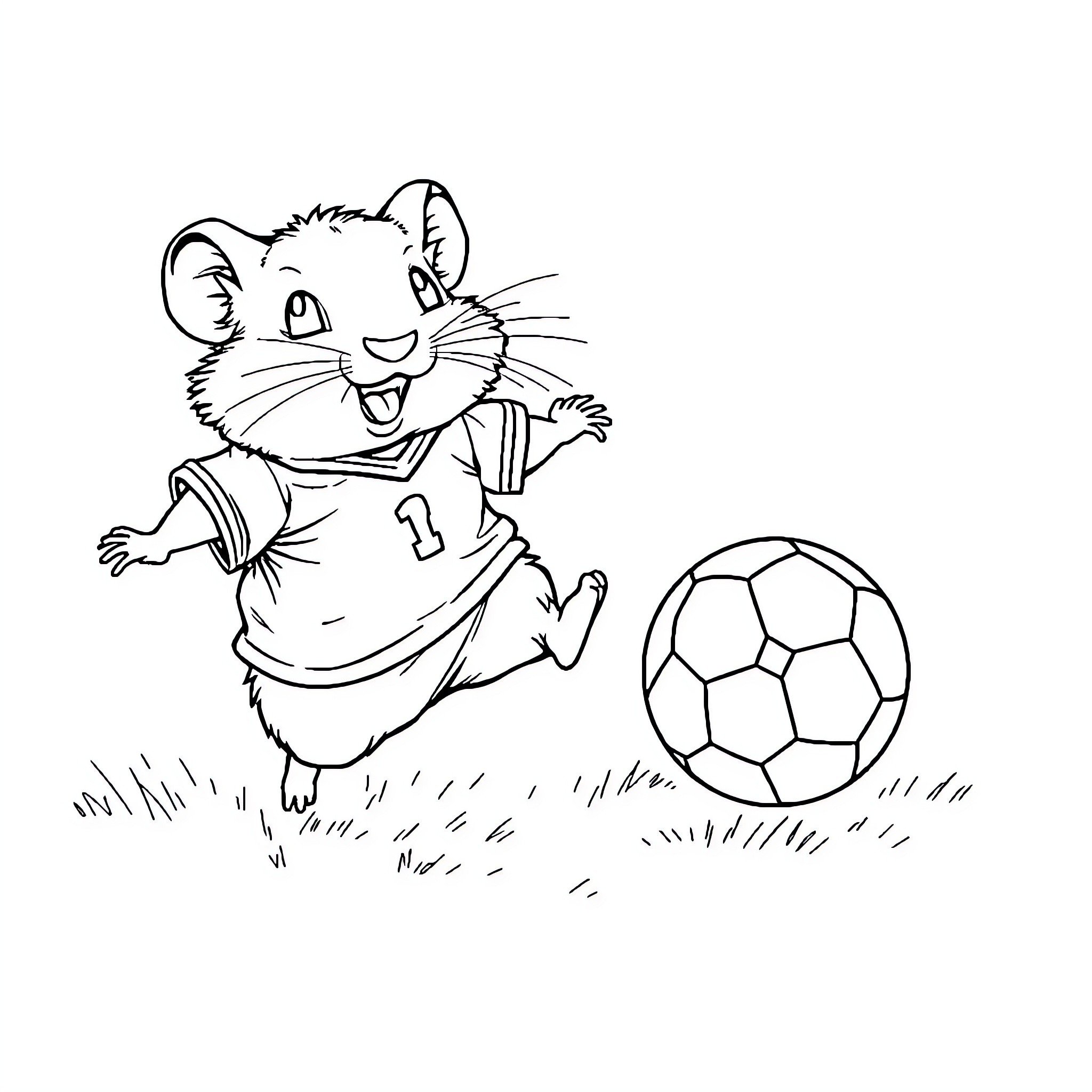 Hamster playing soccer happily on the field Coloring Page (free black-and-white line drawing printable PDF for all, from beginners to advanced learners, including children, teens, adults, and seniors)