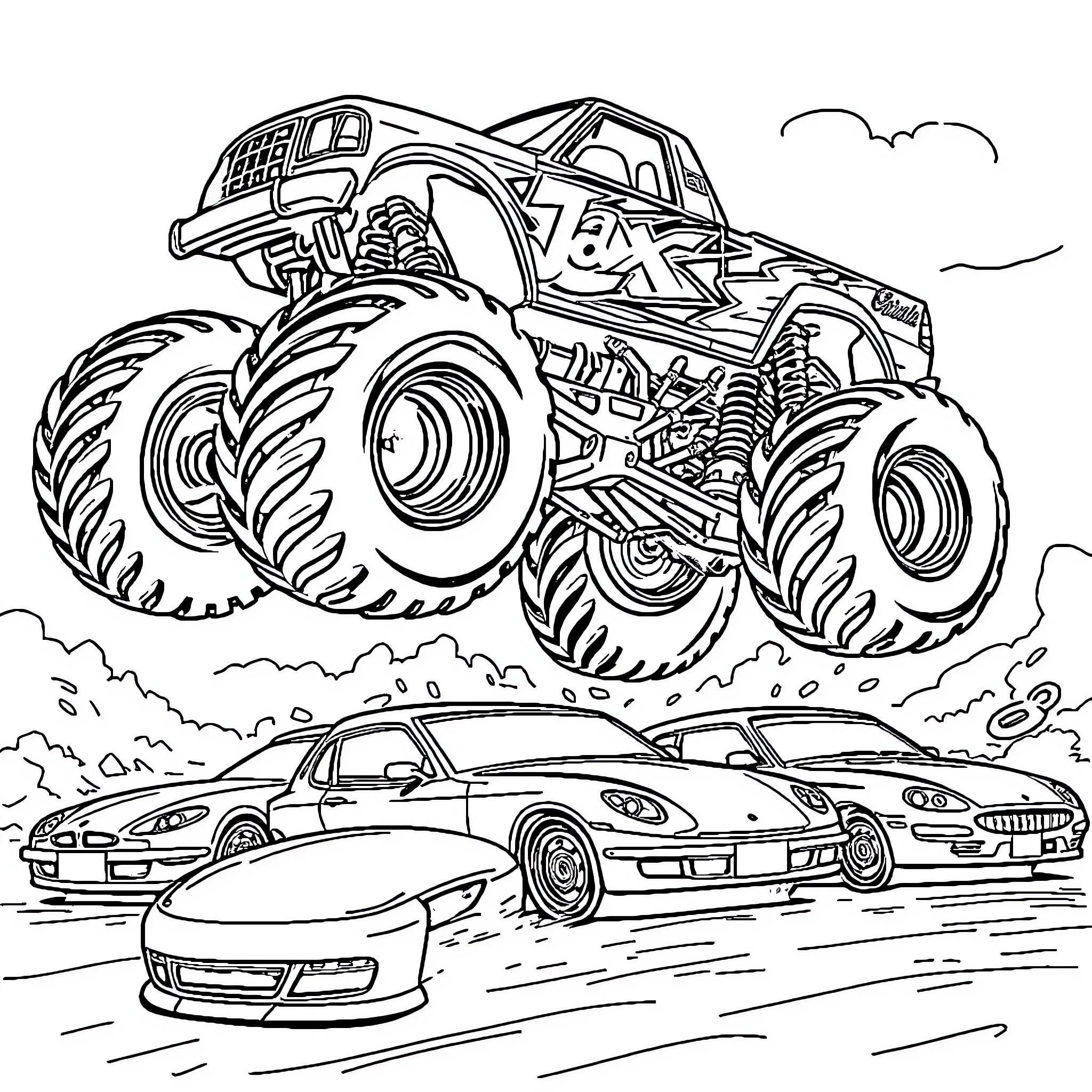 Monster Truck racing over small cars on the road Coloring Page (free black-and-white line drawing printable PDF for all, from beginners to advanced learners, including children, teens, adults, and seniors)