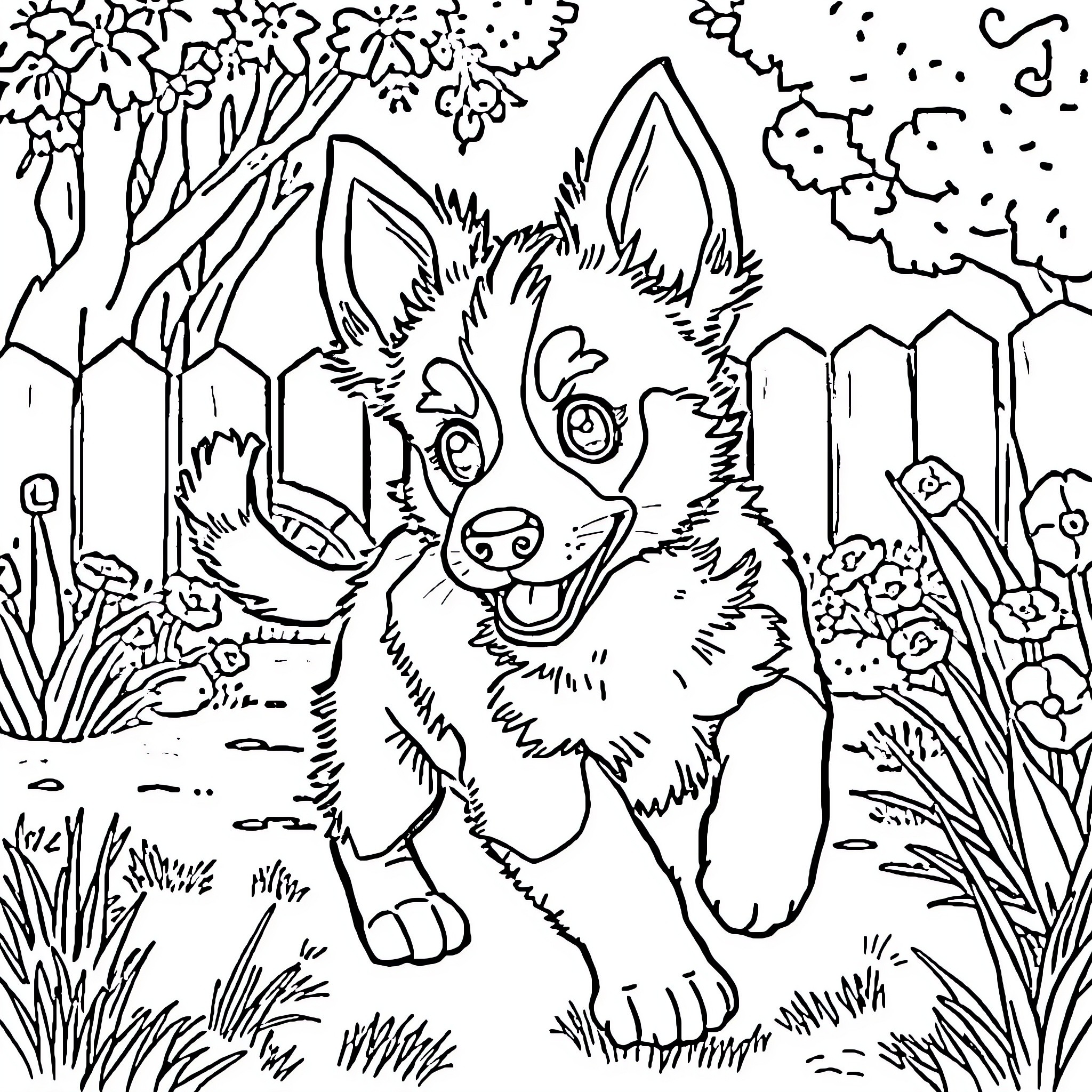 Bluey playing joyfully in the lush garden Coloring Page (free black-and-white line drawing printable PDF for all, from beginners to advanced learners, including children, teens, adults, and seniors)