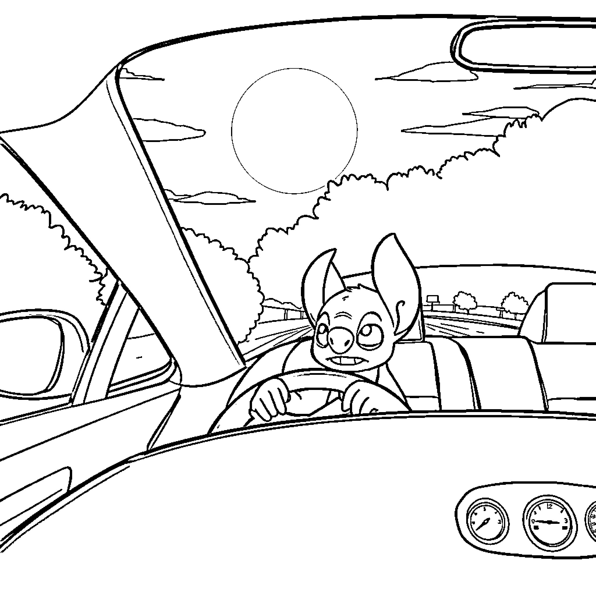 Stitch driving a car on a scenic road Coloring Page (free black-and-white line drawing printable PDF for all, from beginners to advanced learners, including children, teens, adults, and seniors)