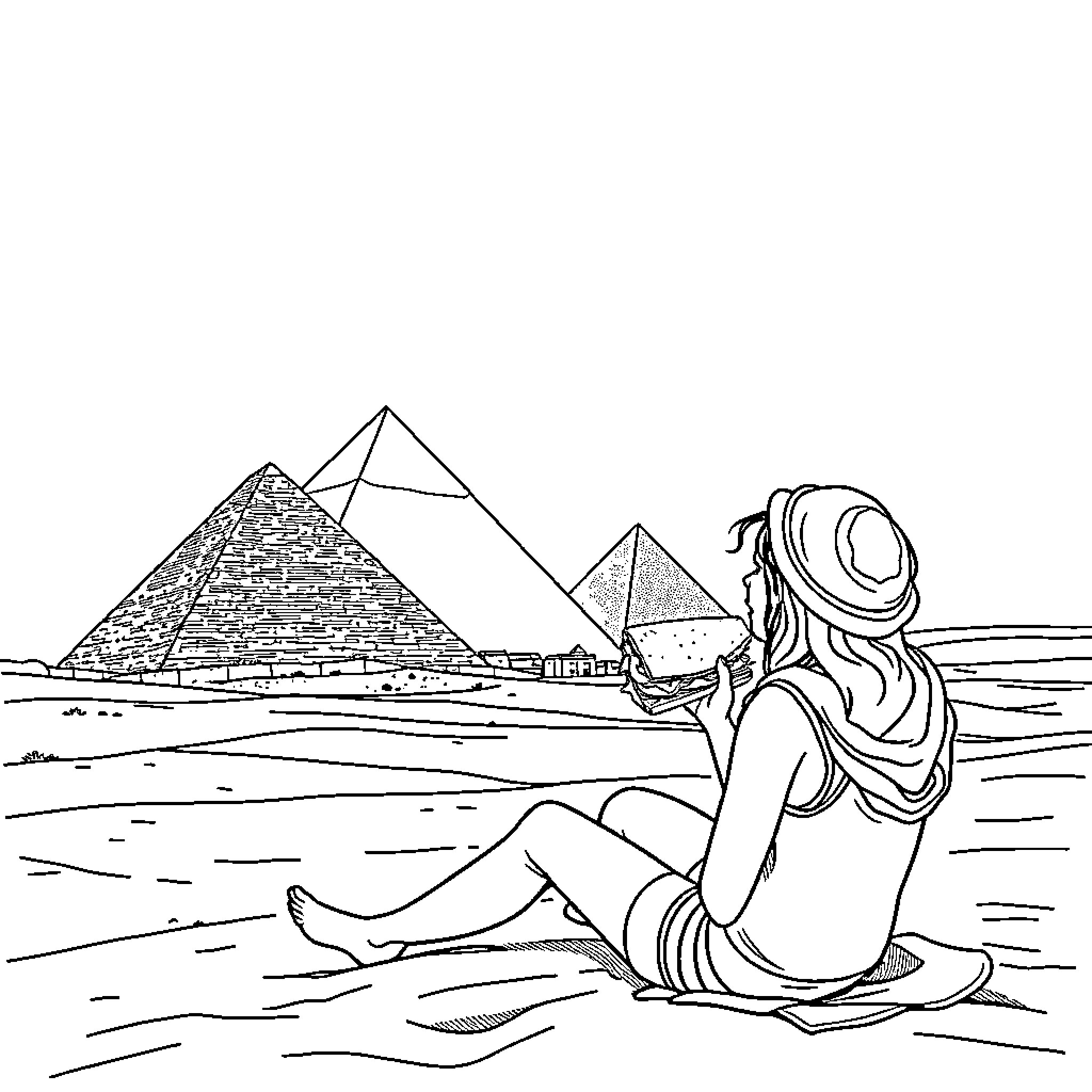 Sandwich of a person exploring ancient Egyptian pyramids Coloring Page (free black-and-white line drawing printable PDF for all, from beginners to advanced learners, including children, teens, adults, and seniors)