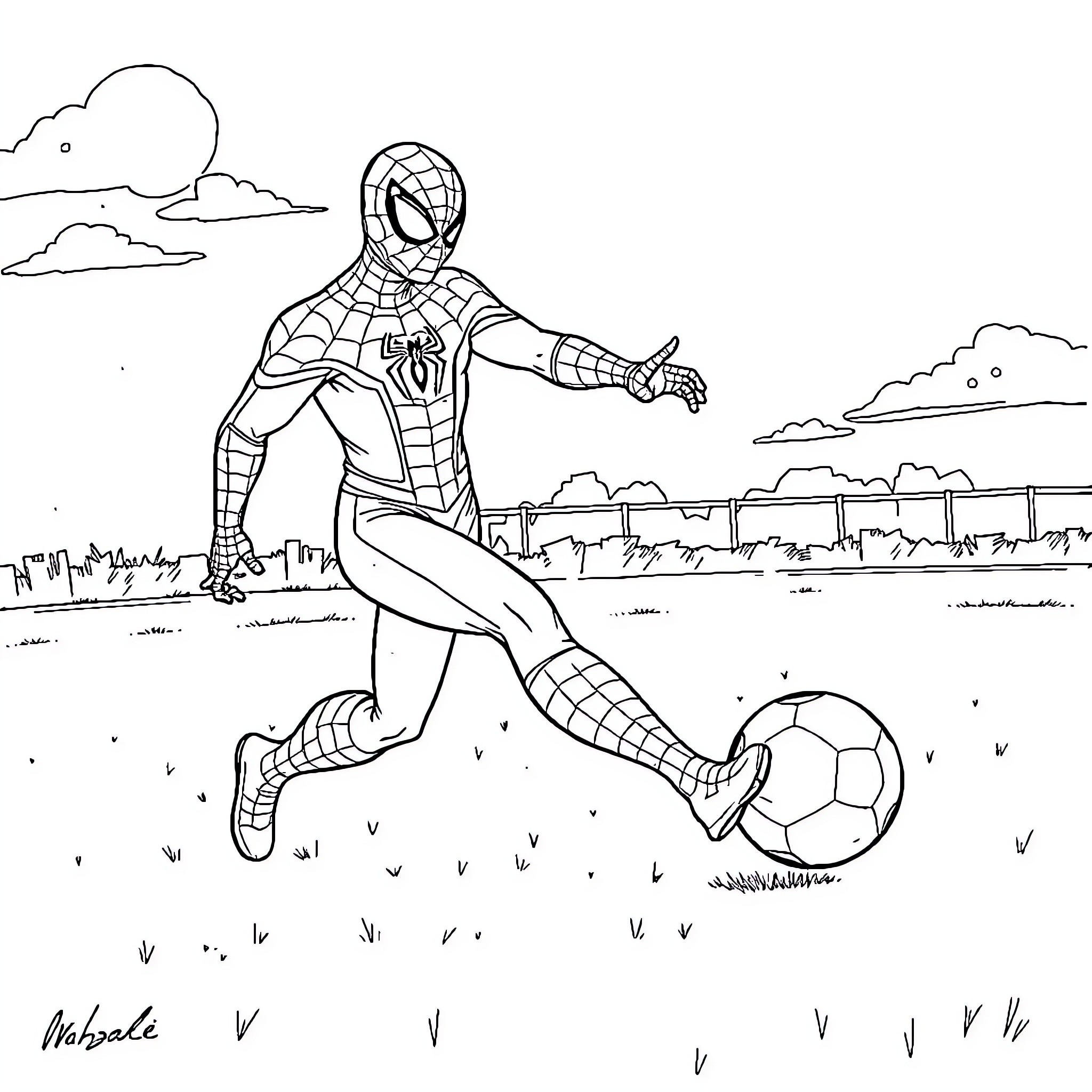Spiderman kicks soccer ball on city field Coloring Page (free black-and-white line drawing printable PDF for all, from beginners to advanced learners, including children, teens, adults, and seniors)