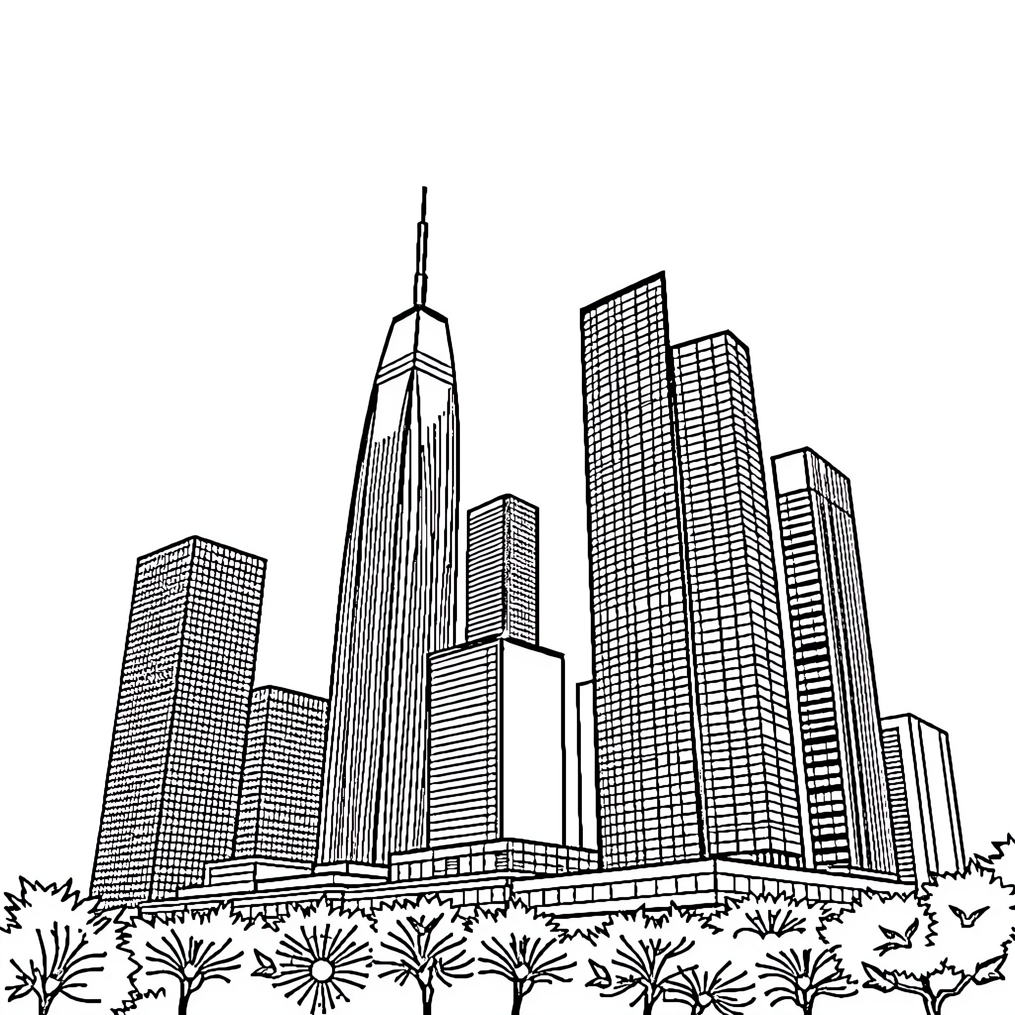 Houston skyline with modern skyscrapers and greenery Coloring Page (free black-and-white line drawing printable PDF for all, from beginners to advanced learners, including children, teens, adults, and seniors)
