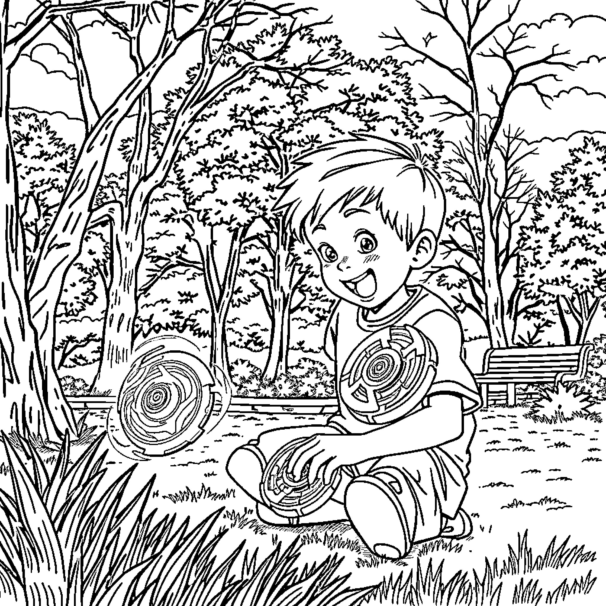 Beyblade Battle in the Enchanted Forest Coloring Page (free black-and-white line drawing printable PDF for all, from beginners to advanced learners, including children, teens, adults, and seniors)