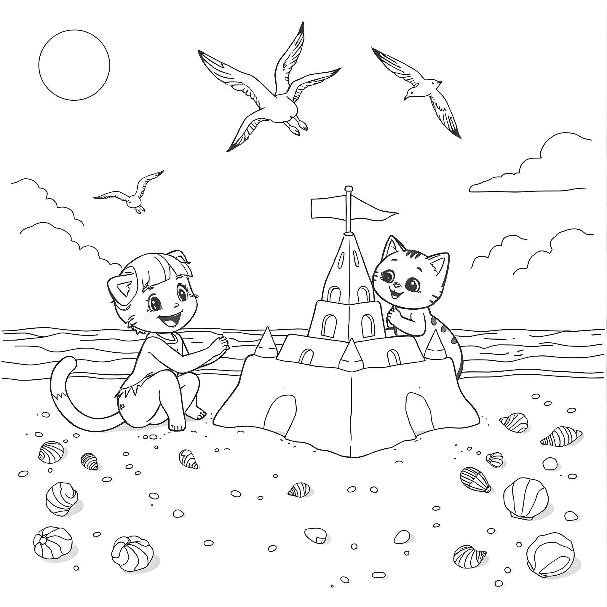 Gabby's Playful Day at the Beach with Kittens and Seagulls Coloring Page (free black-and-white line drawing printable PDF for all, from beginners to advanced learners, including children, teens, adults, and seniors)