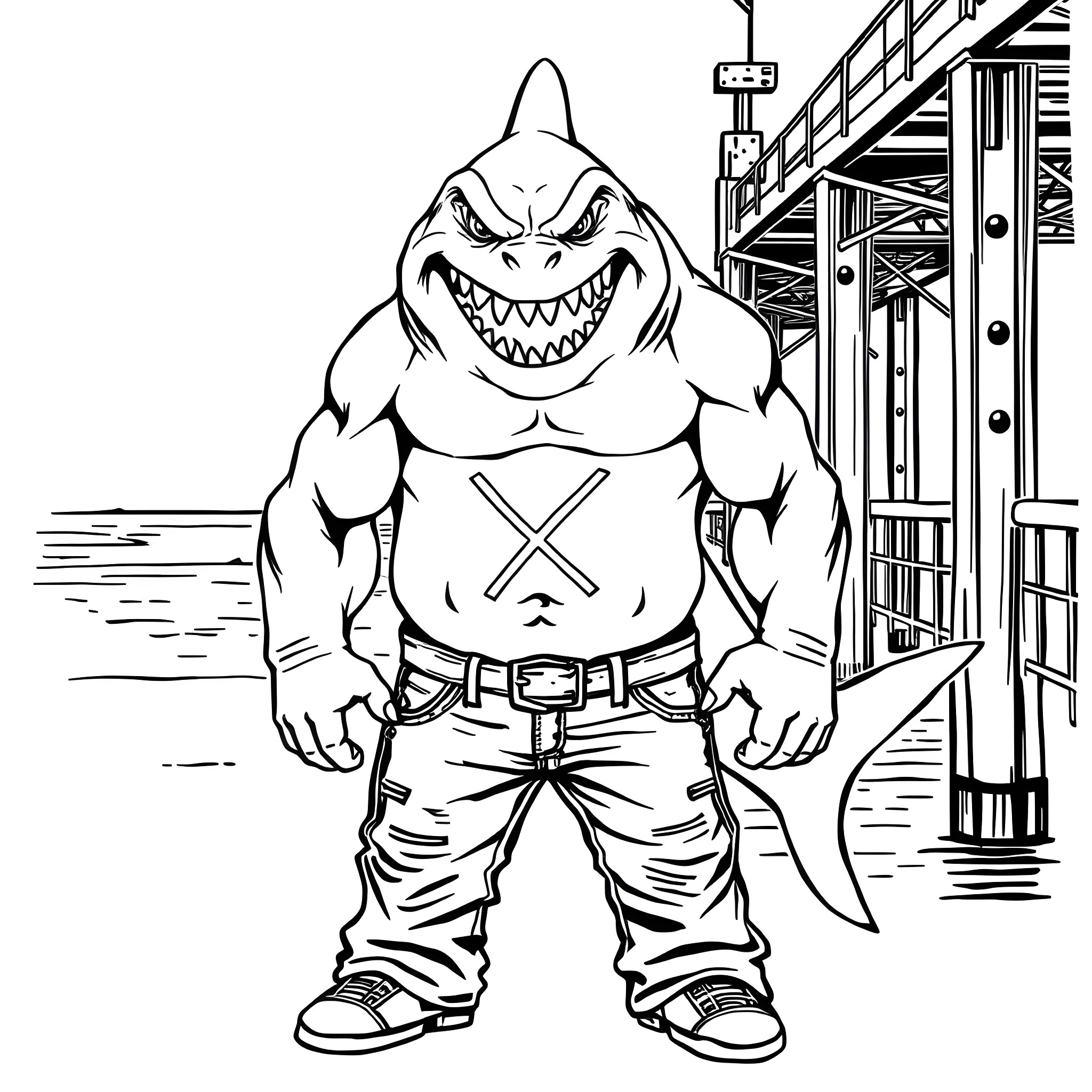 Shark-themed character in aggressive pose by industrial setting Coloring Page (free black-and-white line drawing printable PDF for all, from beginners to advanced learners, including children, teens, adults, and seniors)