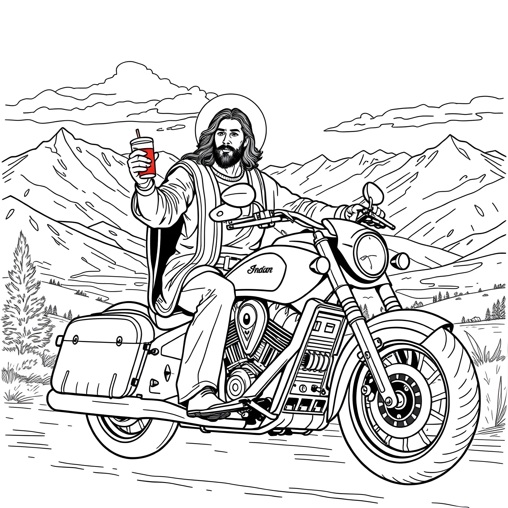 Jesus riding a motorcycle in the mountains Coloring Page (free black-and-white line drawing printable PDF for all, from beginners to advanced learners, including children, teens, adults, and seniors)