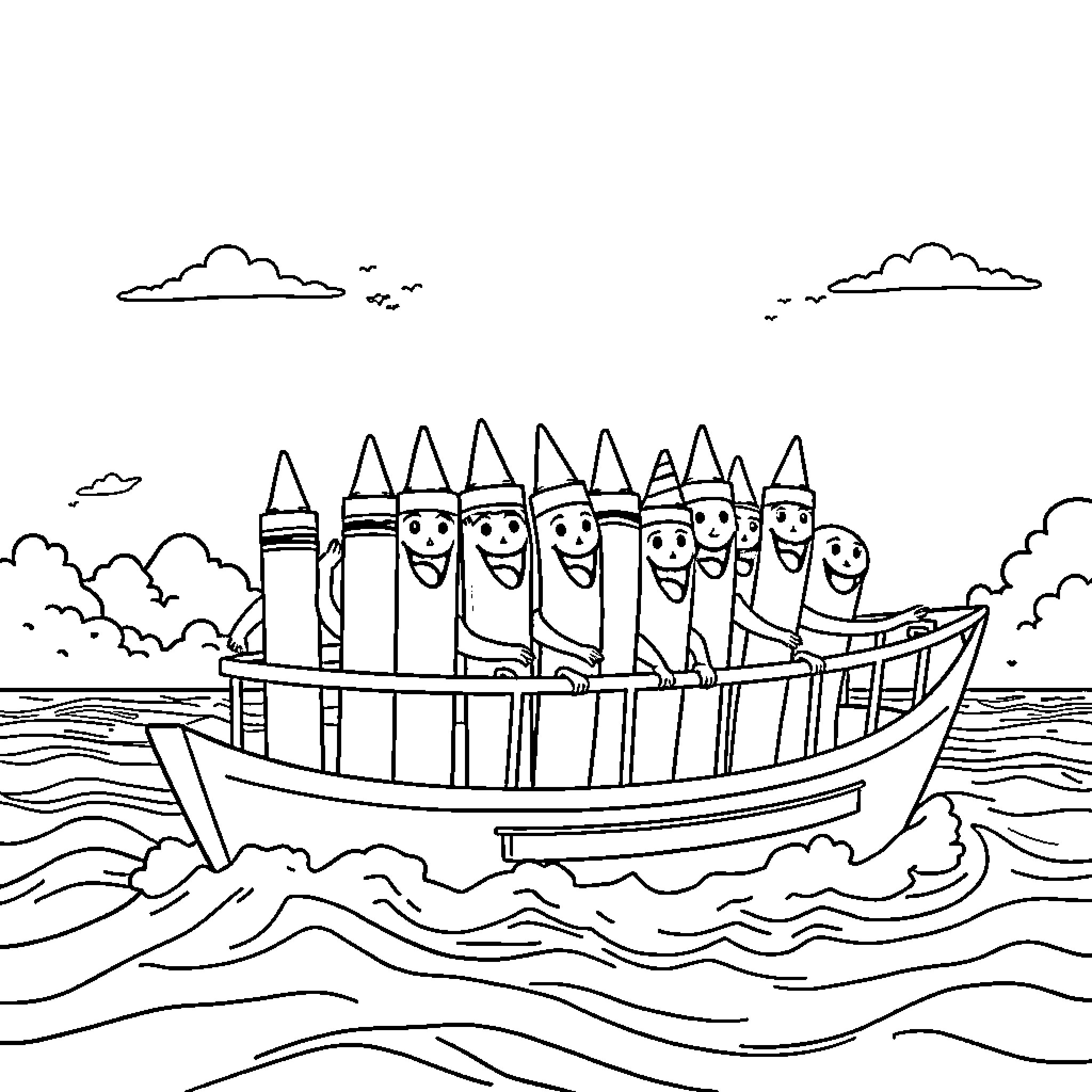 Crayon characters embark on a maritime adventure Coloring Page (free black-and-white line drawing printable PDF for all, from beginners to advanced learners, including children, teens, adults, and seniors)