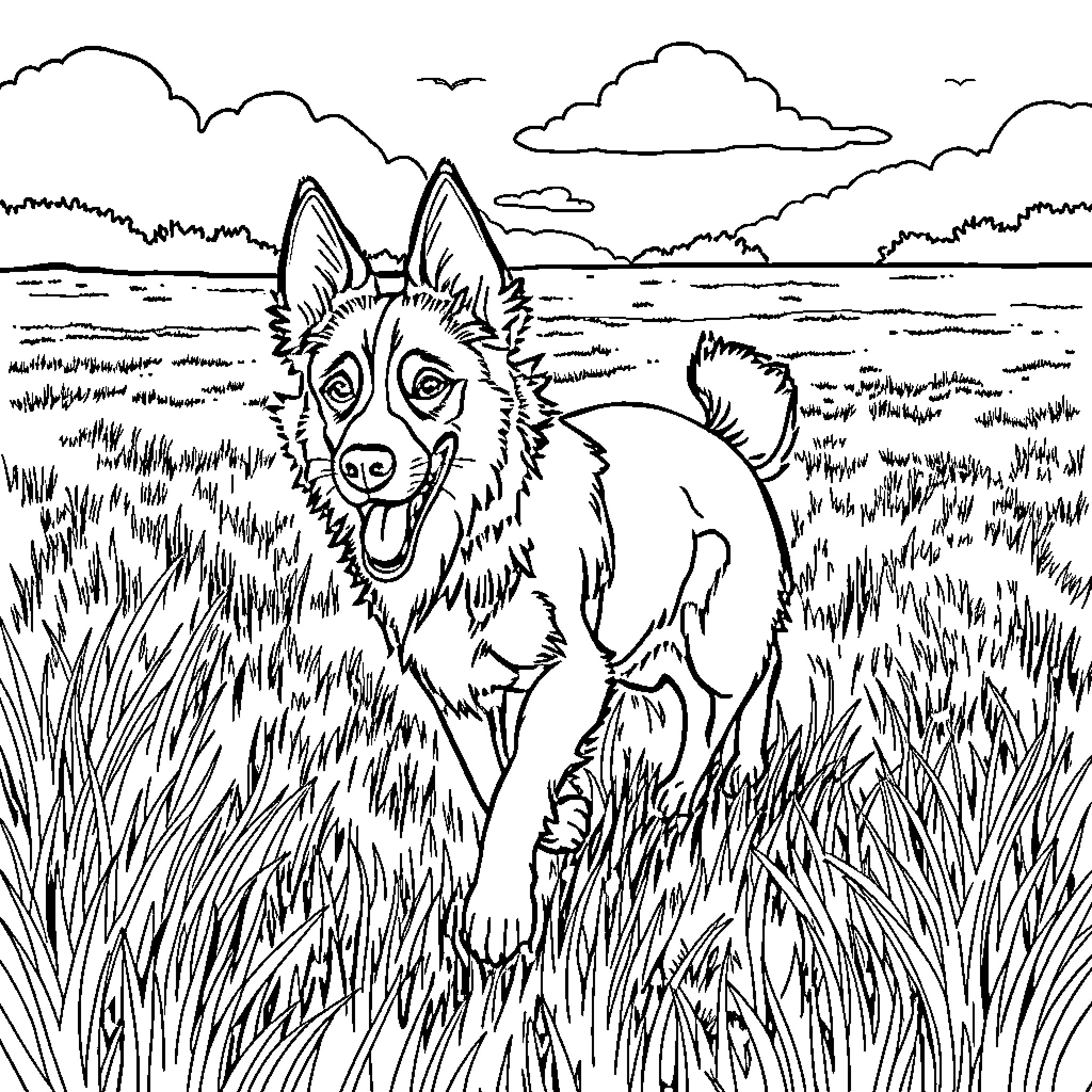 Heeler playfully exploring the outdoor landscape Coloring Page (free black-and-white line drawing printable PDF for all, from beginners to advanced learners, including children, teens, adults, and seniors)