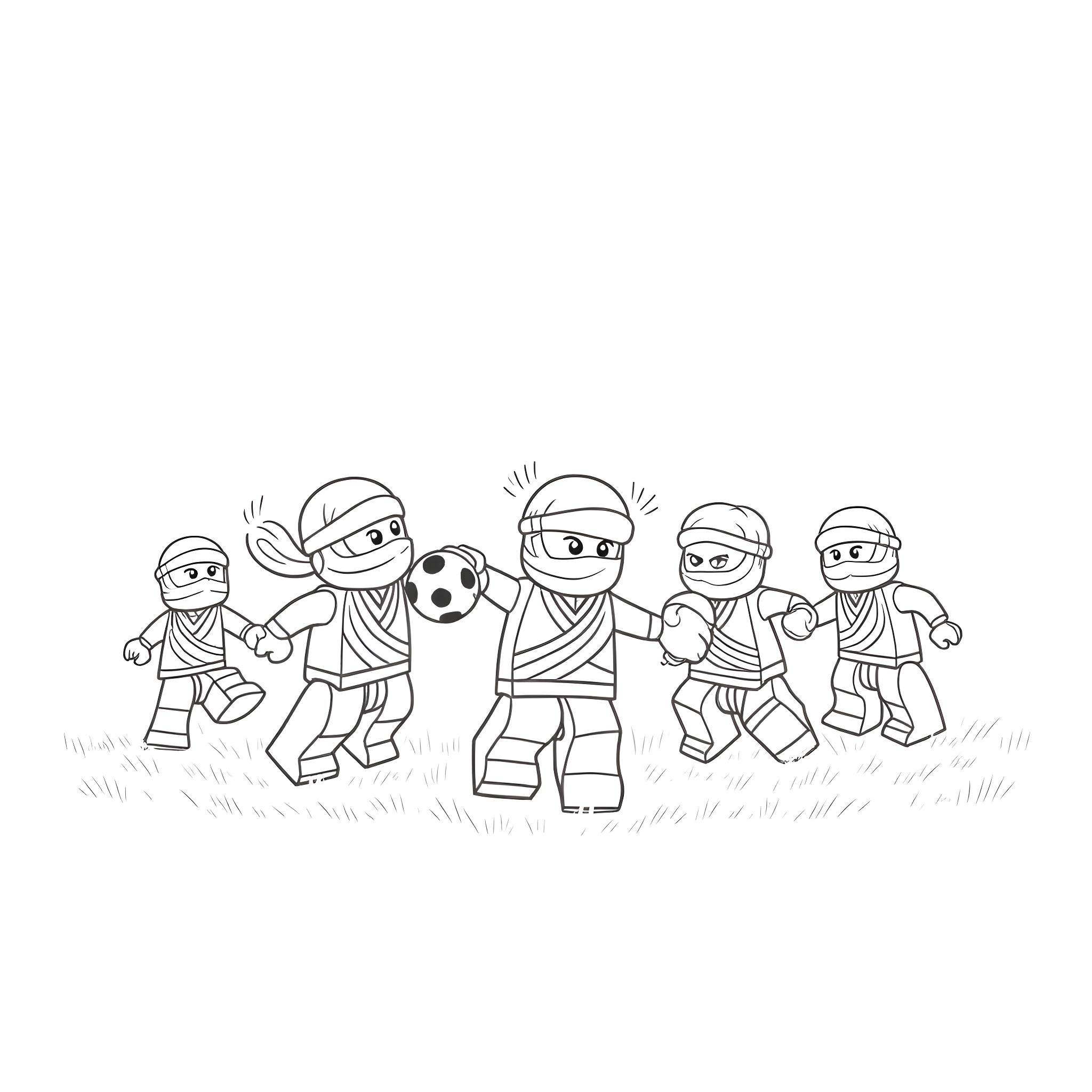Ninjago characters in action poses with sports equipment Coloring Page (free black-and-white line drawing printable PDF for all, from beginners to advanced learners, including children, teens, adults, and seniors)