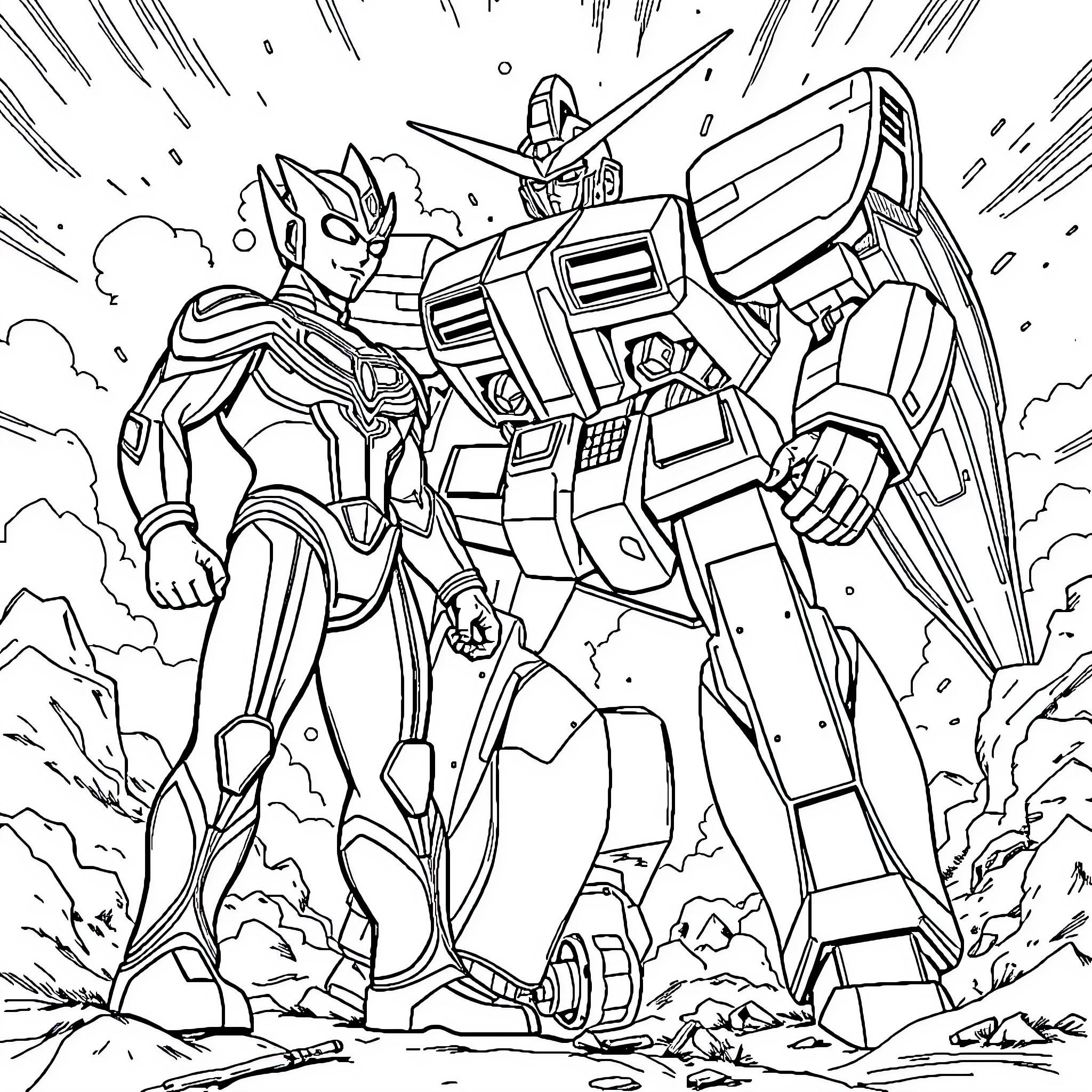 Ultraman battling a powerful mecha robot Coloring Page (free black-and-white line drawing printable PDF for all, from beginners to advanced learners, including children, teens, adults, and seniors)