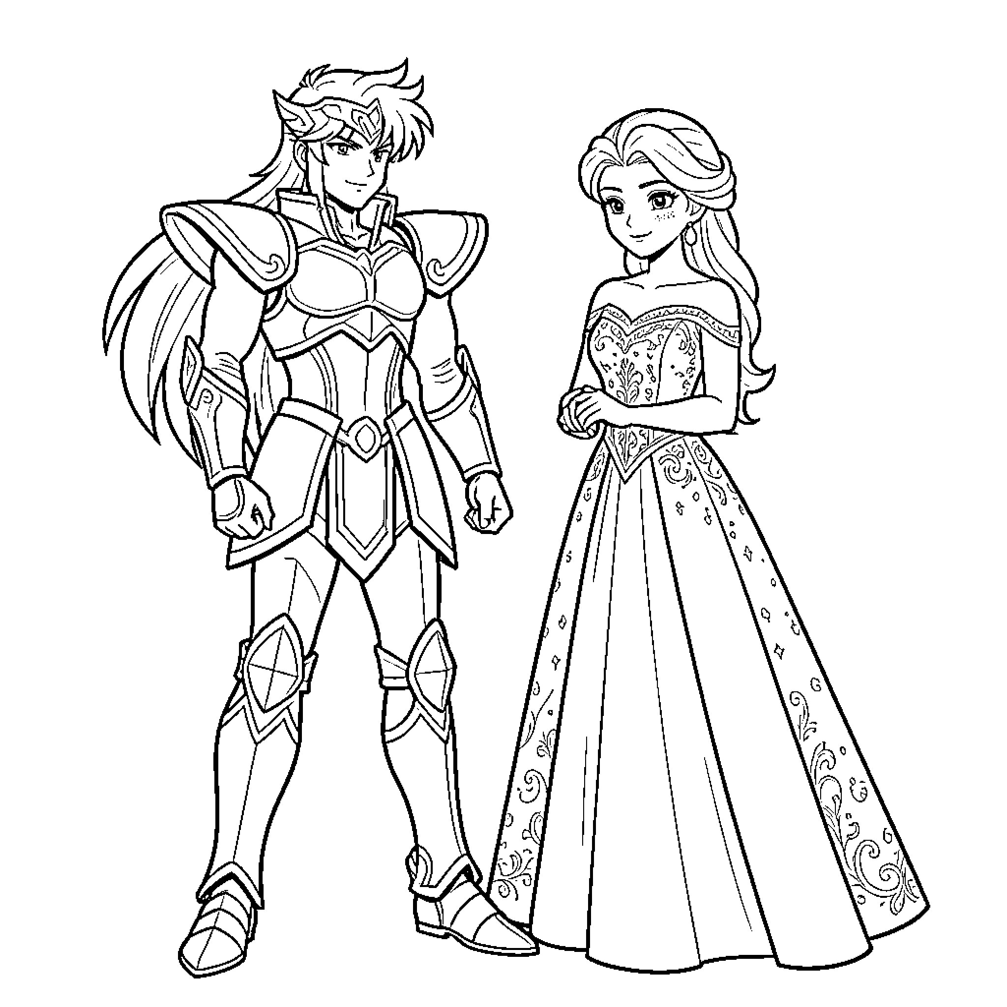 Hyoga standing tall in armor beside a lady in a gown Coloring Page (free black-and-white line drawing printable PDF for all, from beginners to advanced learners, including children, teens, adults, and seniors)