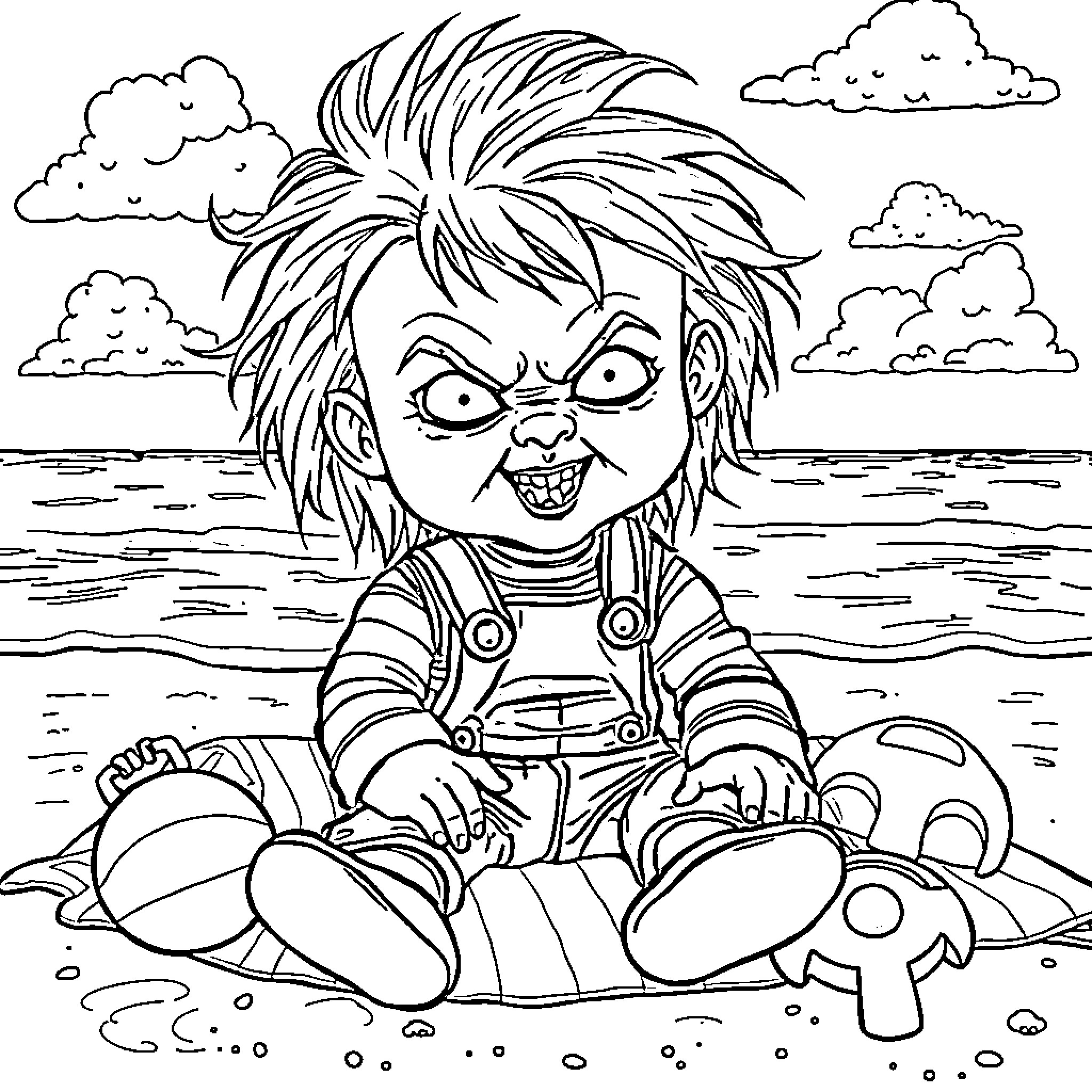 Chucky's Mischievous Antics at the Beach Coloring Page (free black-and-white line drawing printable PDF for all, from beginners to advanced learners, including children, teens, adults, and seniors)