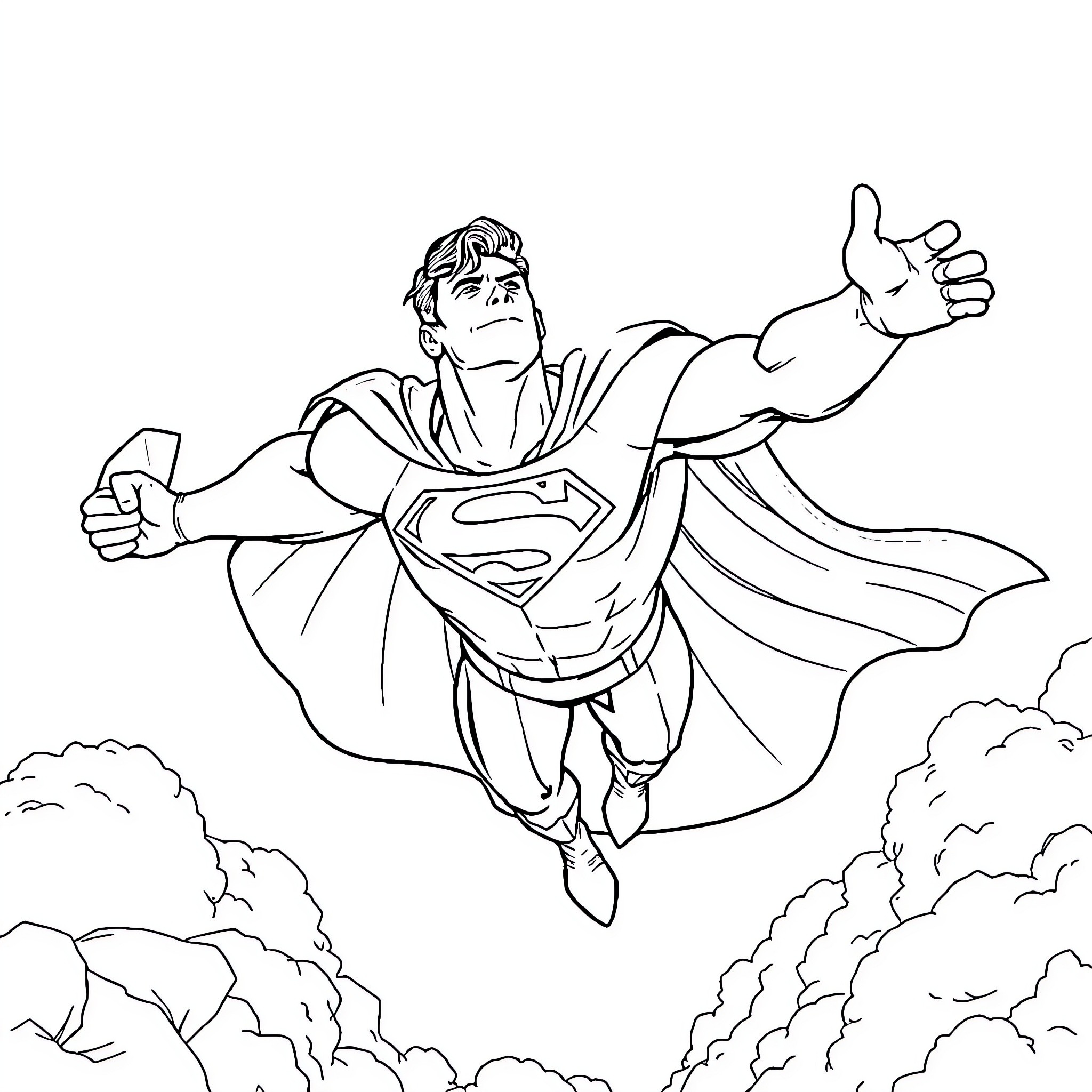 Superman soaring through the sky with determination Coloring Page (free black-and-white line drawing printable PDF for all, from beginners to advanced learners, including children, teens, adults, and seniors)