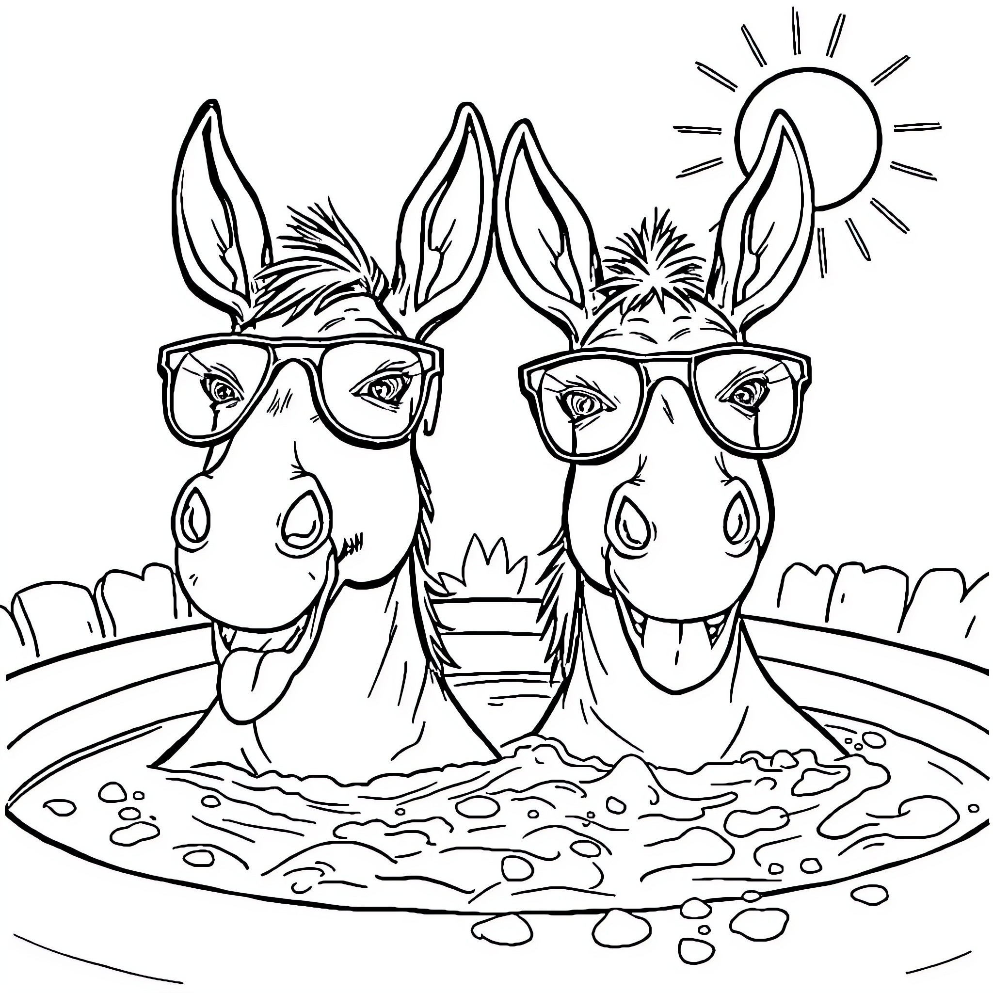 Donkey siblings enjoying the sun in the lake Coloring Page (free black-and-white line drawing printable PDF for all, from beginners to advanced learners, including children, teens, adults, and seniors)