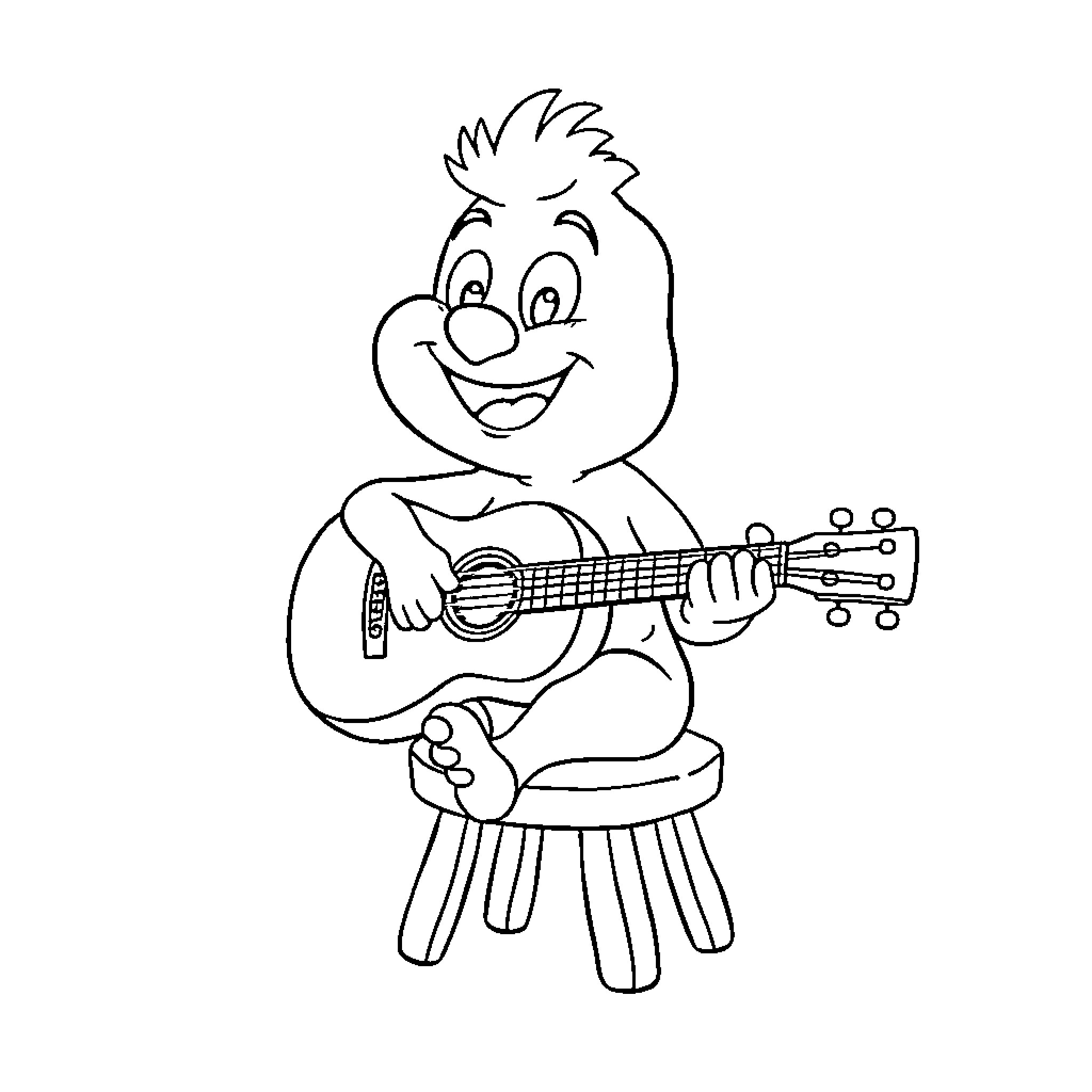 Pintainho playing happily with guitar Coloring Page (free black-and-white line drawing printable PDF for all, from beginners to advanced learners, including children, teens, adults, and seniors)