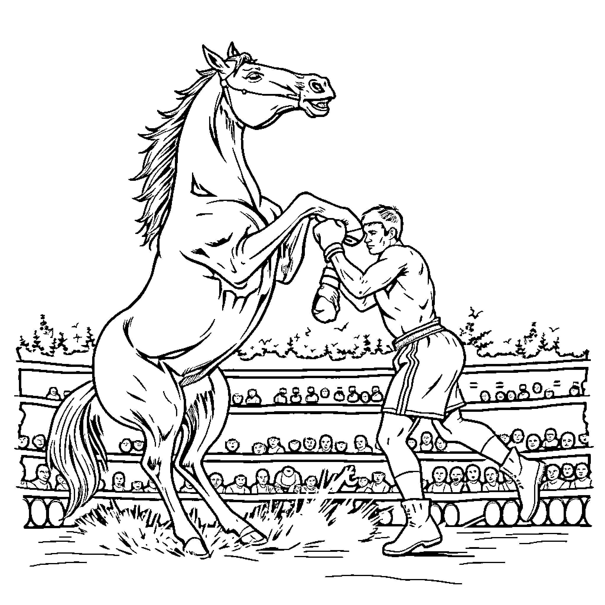 Horse taming by a daring performer in a circus arena Coloring Page (free black-and-white line drawing printable PDF for all, from beginners to advanced learners, including children, teens, adults, and seniors)