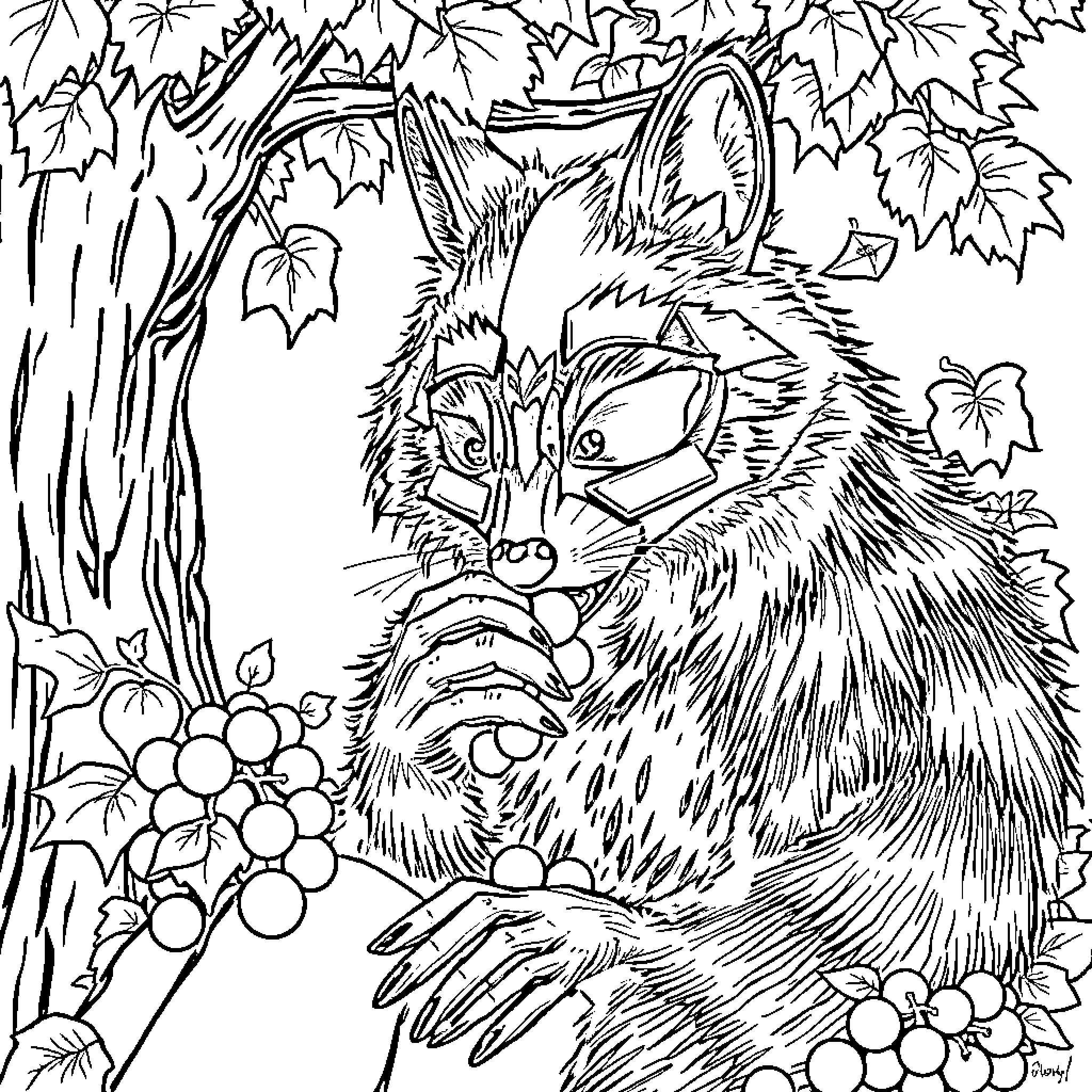 Raccoon foraging for food in the forest Coloring Page (free black-and-white line drawing printable PDF for all, from beginners to advanced learners, including children, teens, adults, and seniors)