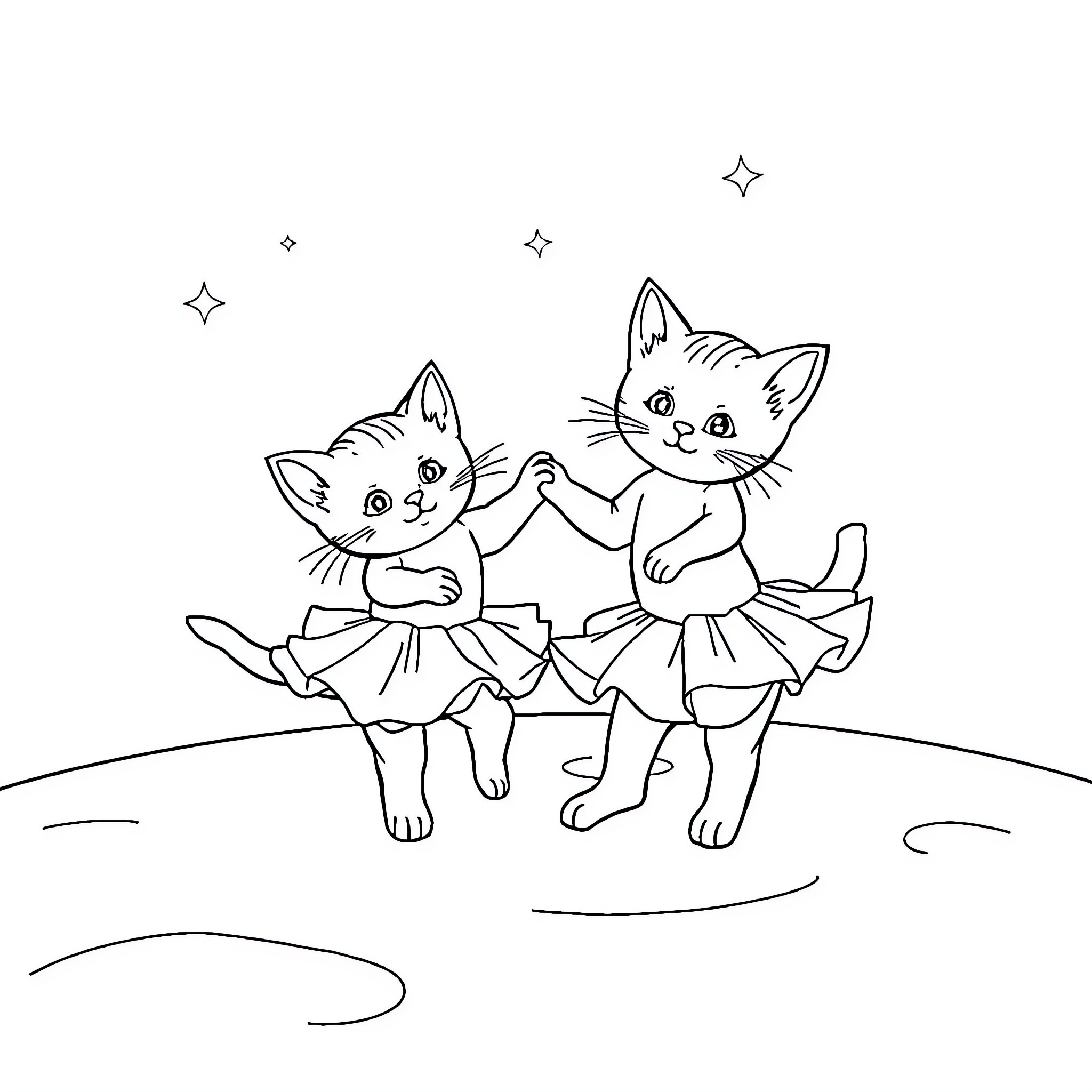 Ballet Cats Dancing Gracefully Under the Stars Coloring Page (free black-and-white line drawing printable PDF for all, from beginners to advanced learners, including children, teens, adults, and seniors)