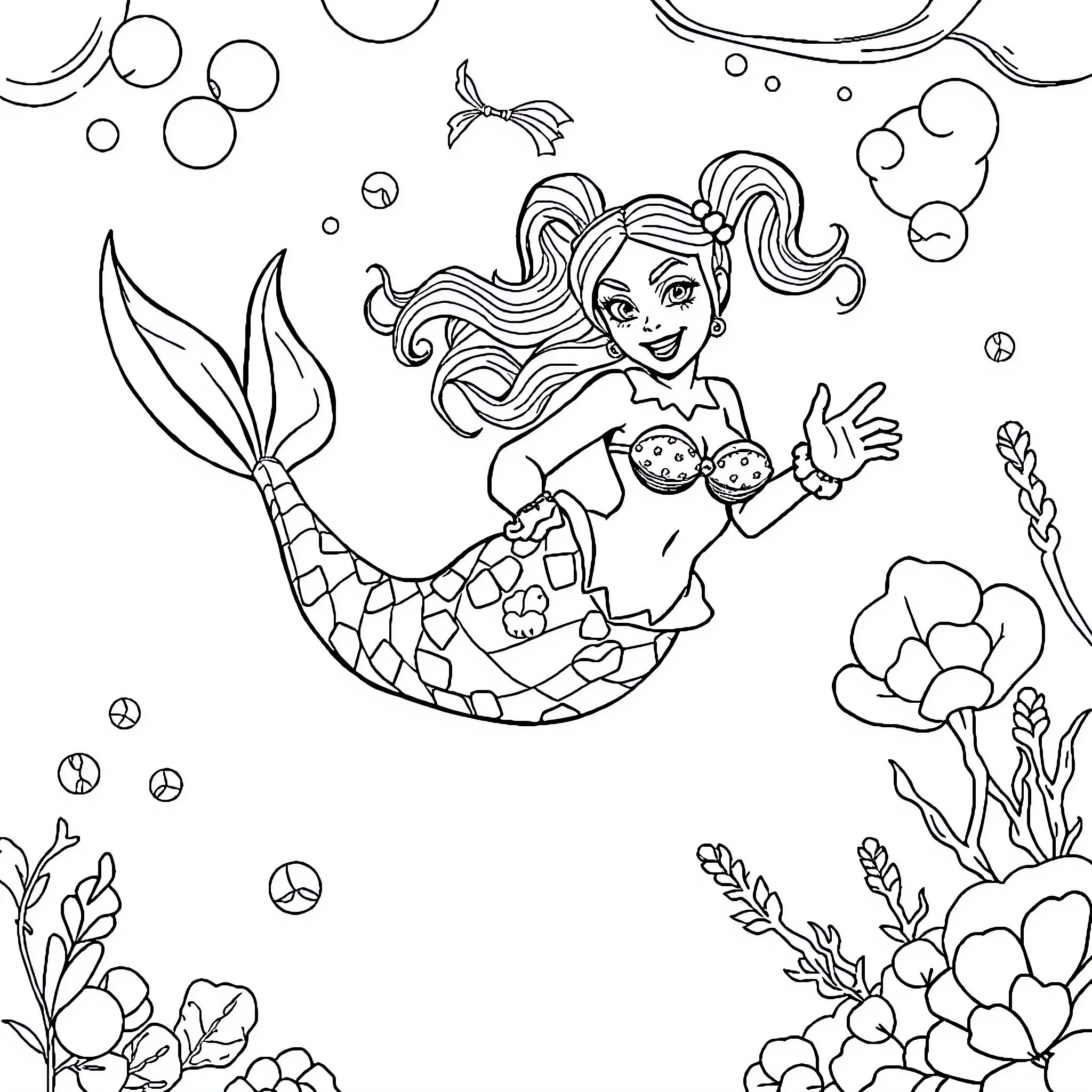 Harle Quinn mermaid in whimsical underwater scene Coloring Page (free black-and-white line drawing printable PDF for all, from beginners to advanced learners, including children, teens, adults, and seniors)