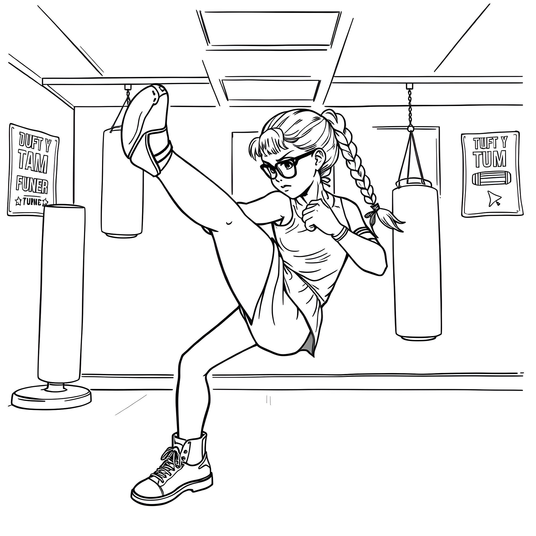 Girl Training Diligently in Gym Coloring Page (free black-and-white line drawing printable PDF for all, from beginners to advanced learners, including children, teens, adults, and seniors)