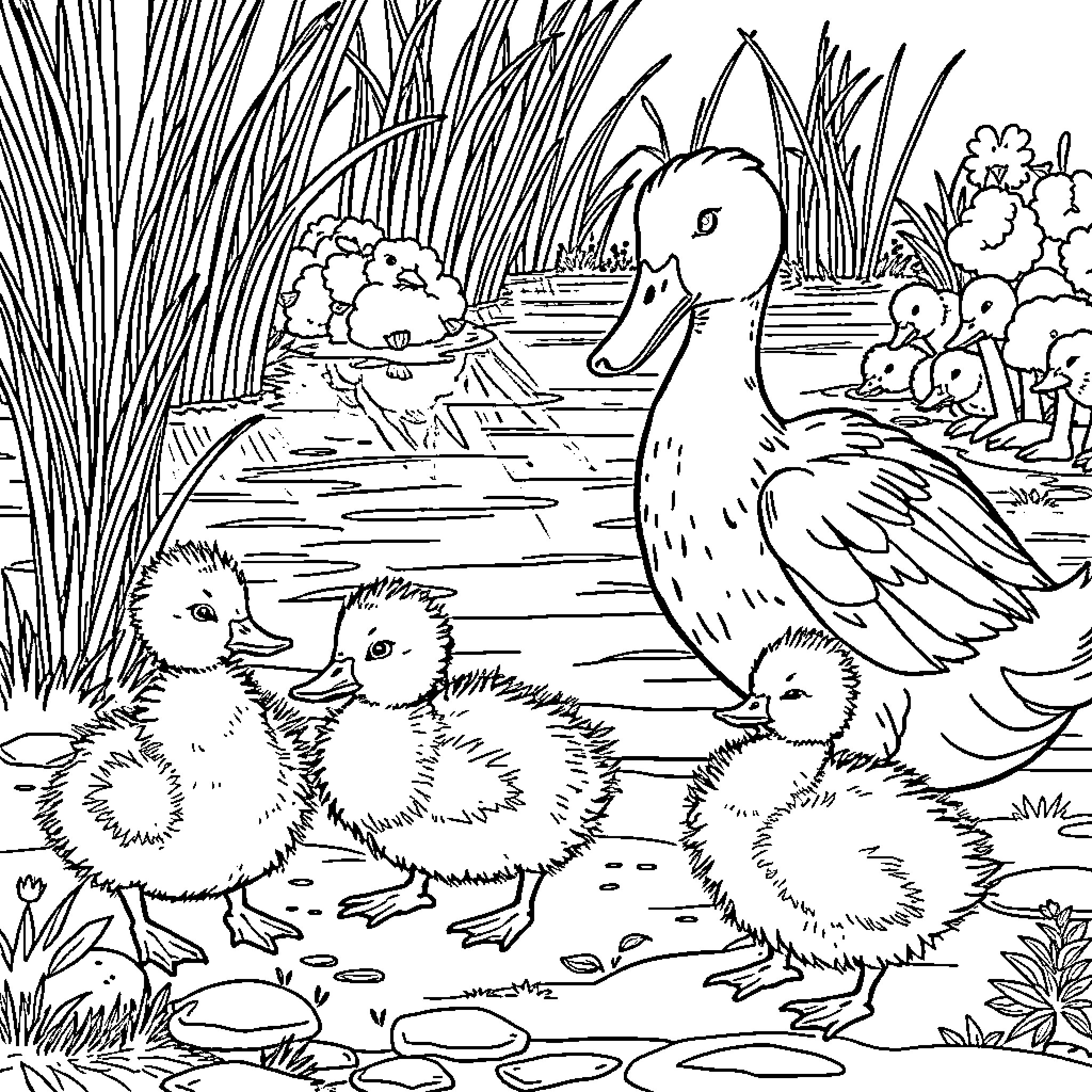 Duck and Ducklings Exploring the Pond Coloring Page (free black-and-white line drawing printable PDF for all, from beginners to advanced learners, including children, teens, adults, and seniors)