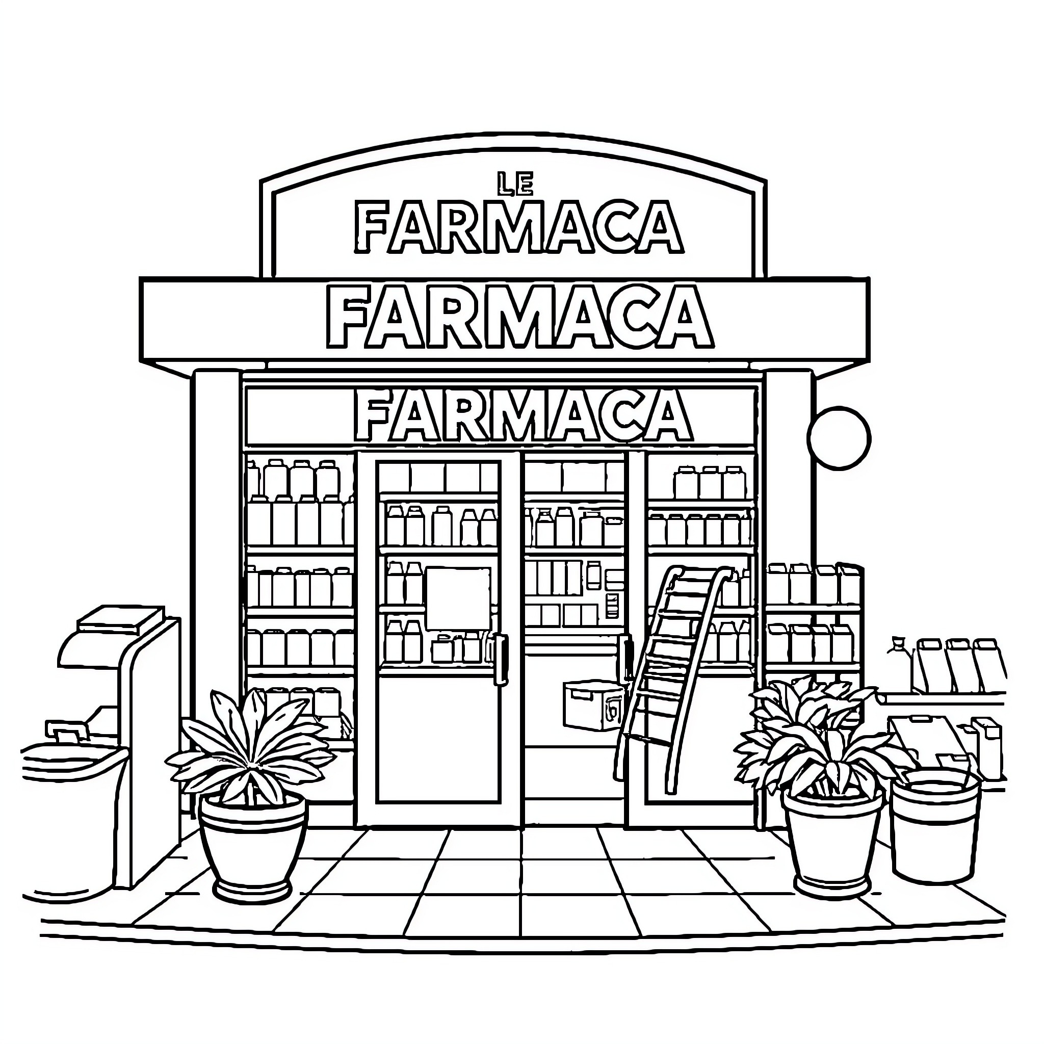 Farmacia with Pharmacy Store Facade and Signage Coloring Page (free black-and-white line drawing printable PDF for all, from beginners to advanced learners, including children, teens, adults, and seniors)