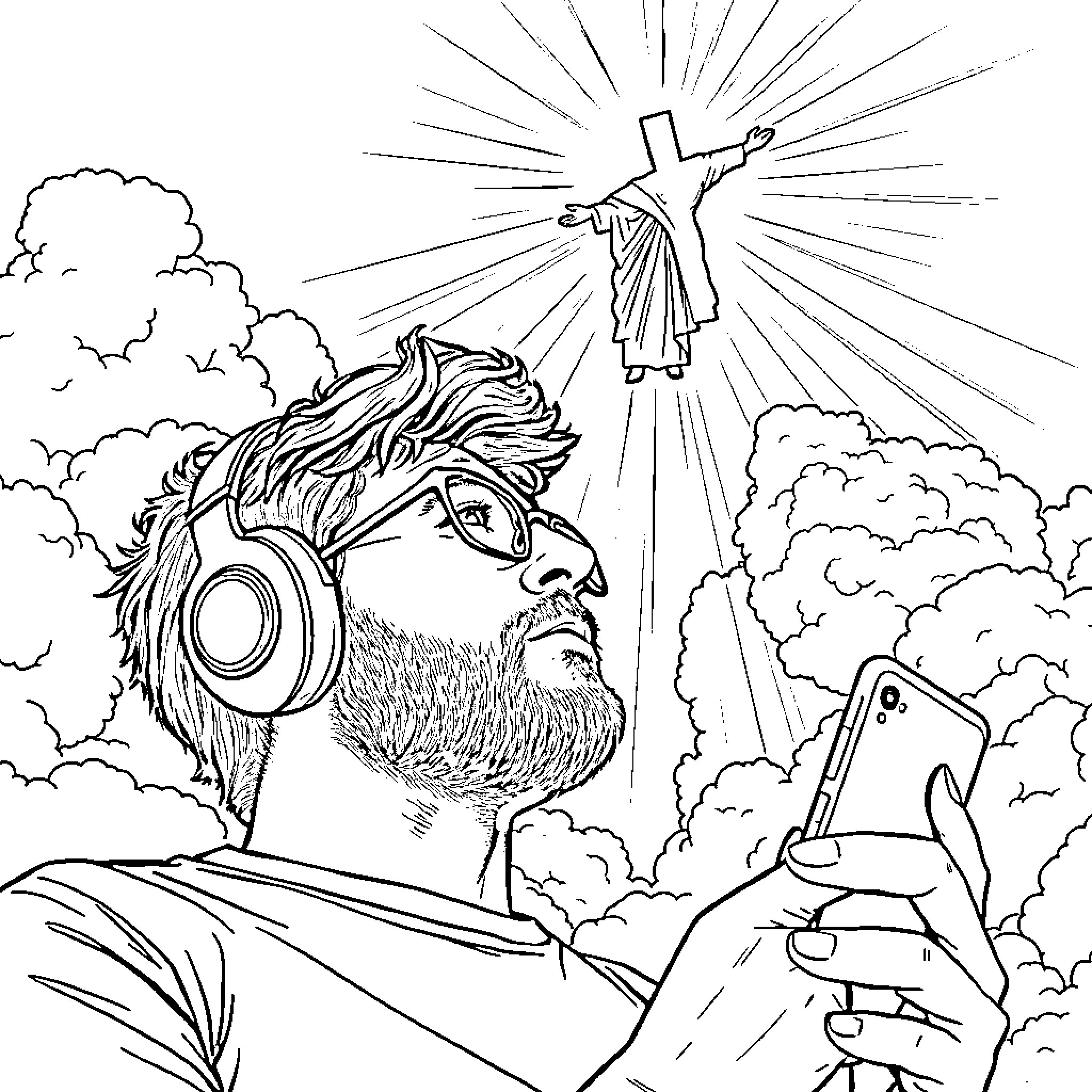 Man gazing at digital device under heavenly light Coloring Page (free black-and-white line drawing printable PDF for all, from beginners to advanced learners, including children, teens, adults, and seniors)