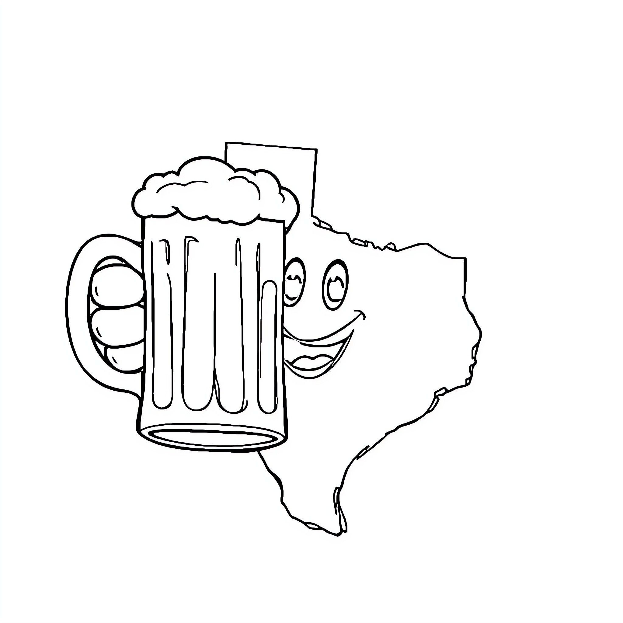 Texas Beer Mug Cartoon Outline in State Shape Coloring Page (free black-and-white line drawing printable PDF for all, from beginners to advanced learners, including children, teens, adults, and seniors)