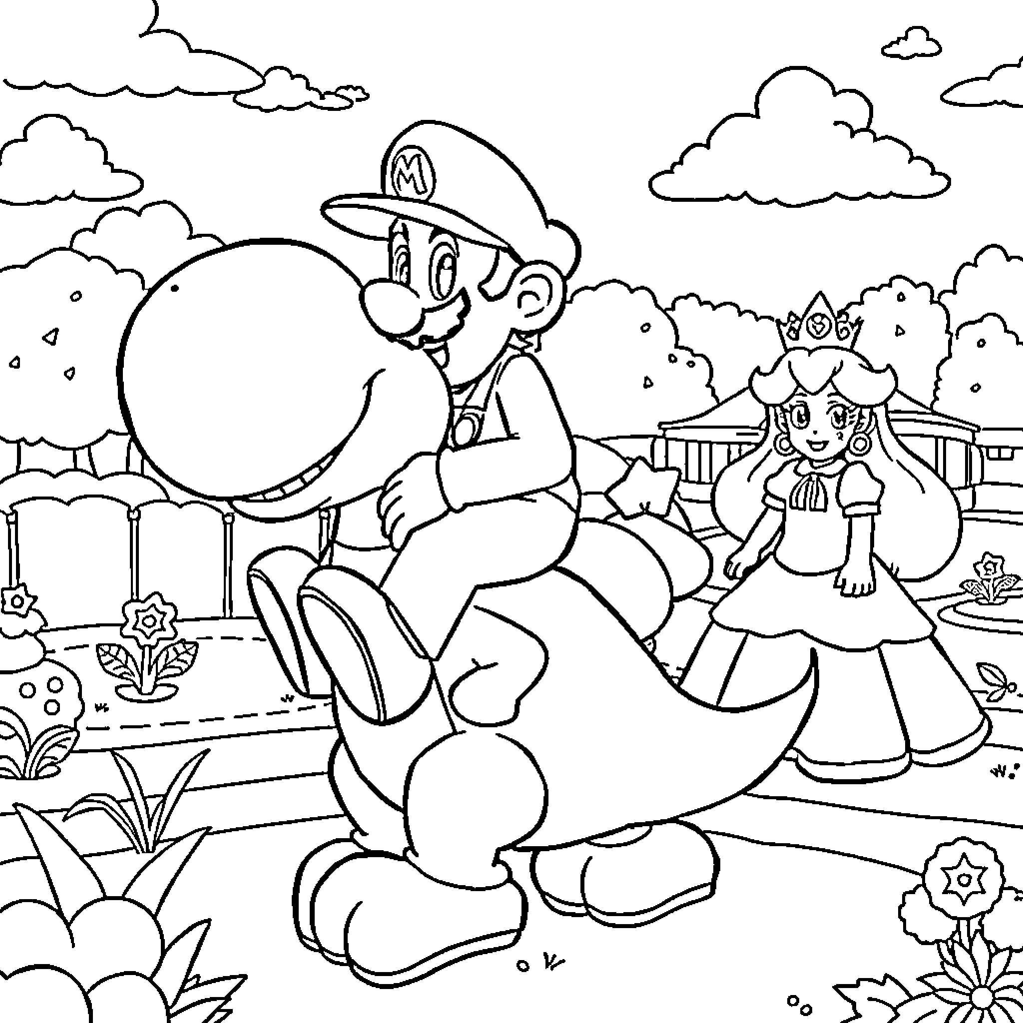 Mario and Princess Peach in the Mushroom Kingdom Coloring Page (free black-and-white line drawing printable PDF for all, from beginners to advanced learners, including children, teens, adults, and seniors)