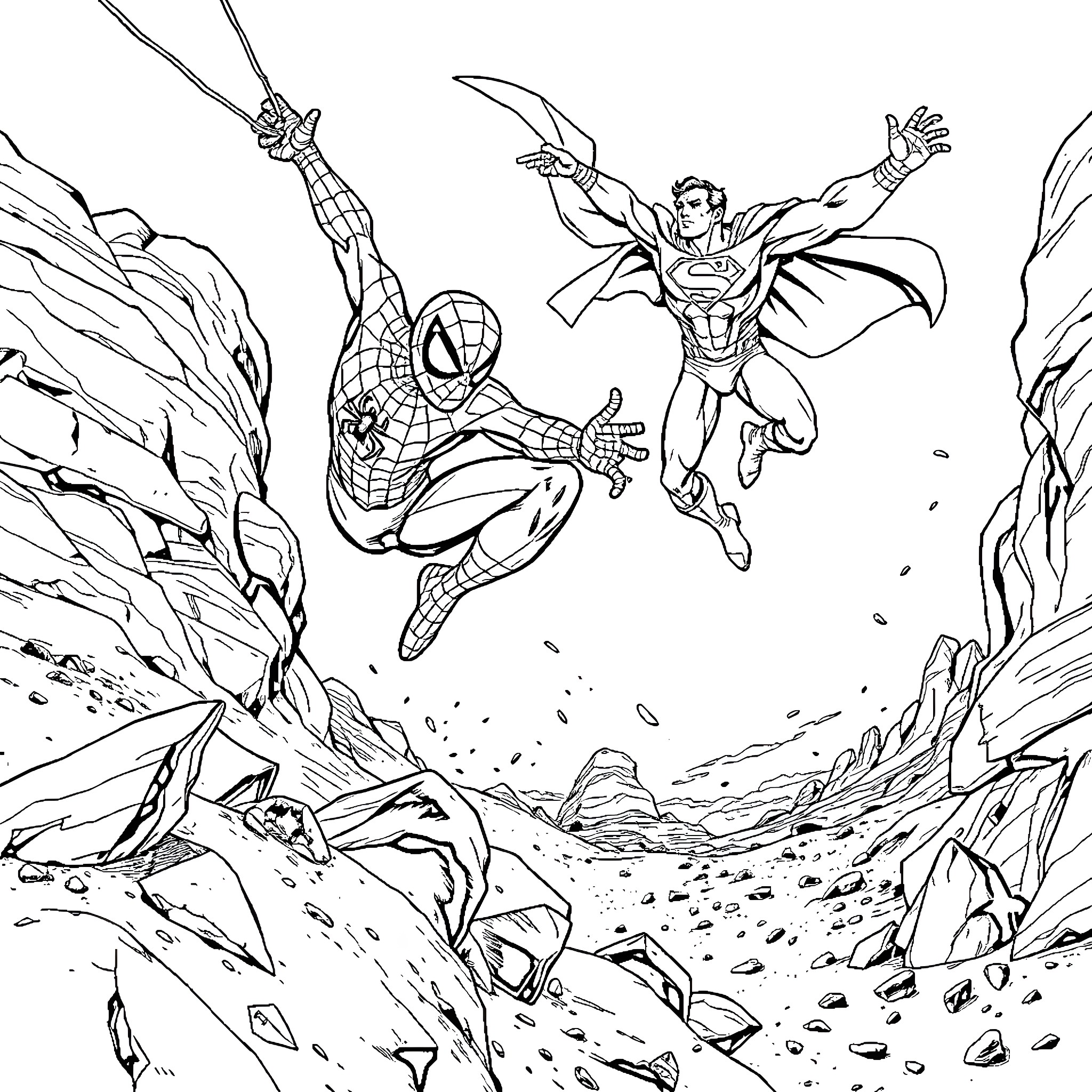 Superheroes battling in a rugged landscape Coloring Page (free black-and-white line drawing printable PDF for all, from beginners to advanced learners, including children, teens, adults, and seniors)