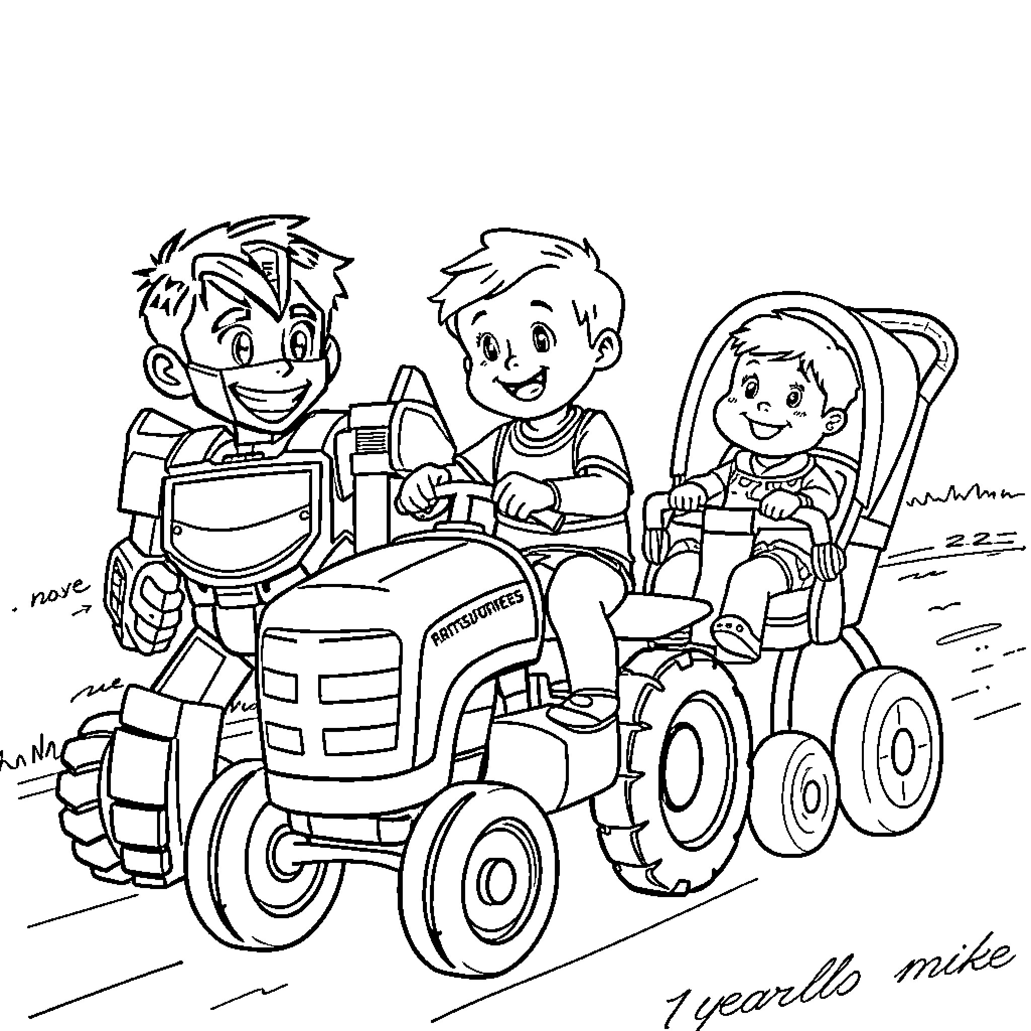 Boy playing happily with friends on a tractor Coloring Page (free black-and-white line drawing printable PDF for all, from beginners to advanced learners, including children, teens, adults, and seniors)