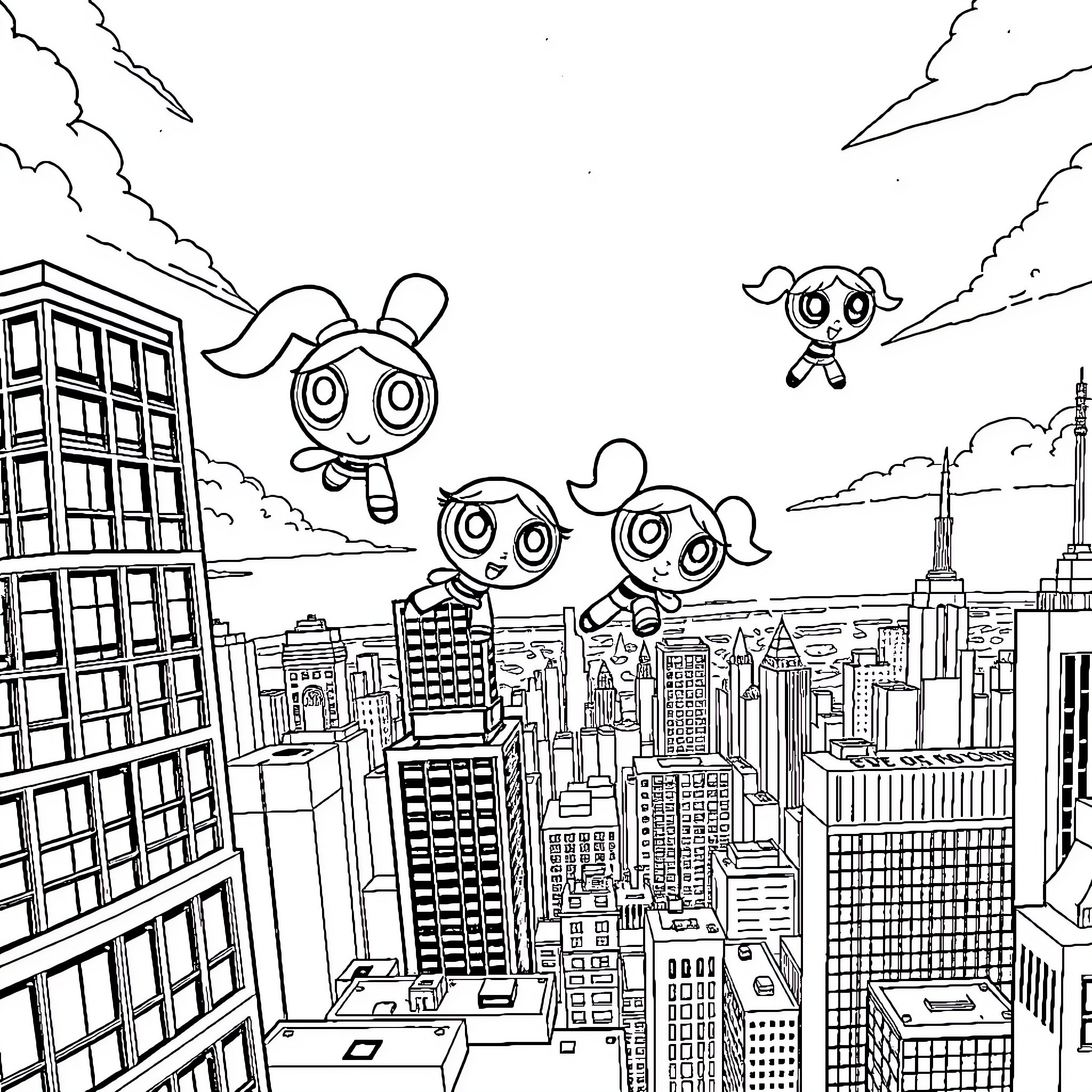 Powerpuff Girls flying over the city skyline Coloring Page (free black-and-white line drawing printable PDF for all, from beginners to advanced learners, including children, teens, adults, and seniors)