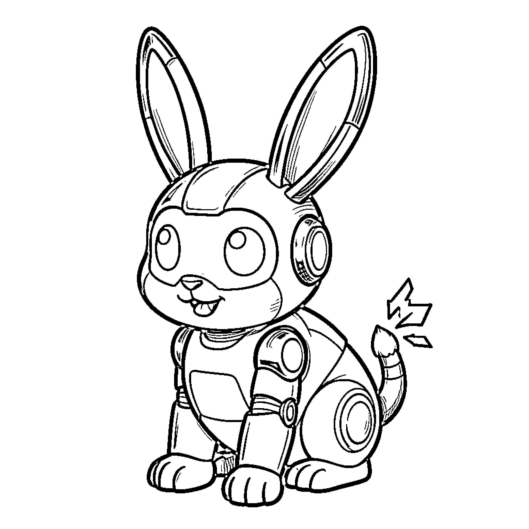 Robot Bunny sitting with a joyful expression Coloring Page (free black-and-white line drawing printable PDF for all, from beginners to advanced learners, including children, teens, adults, and seniors)