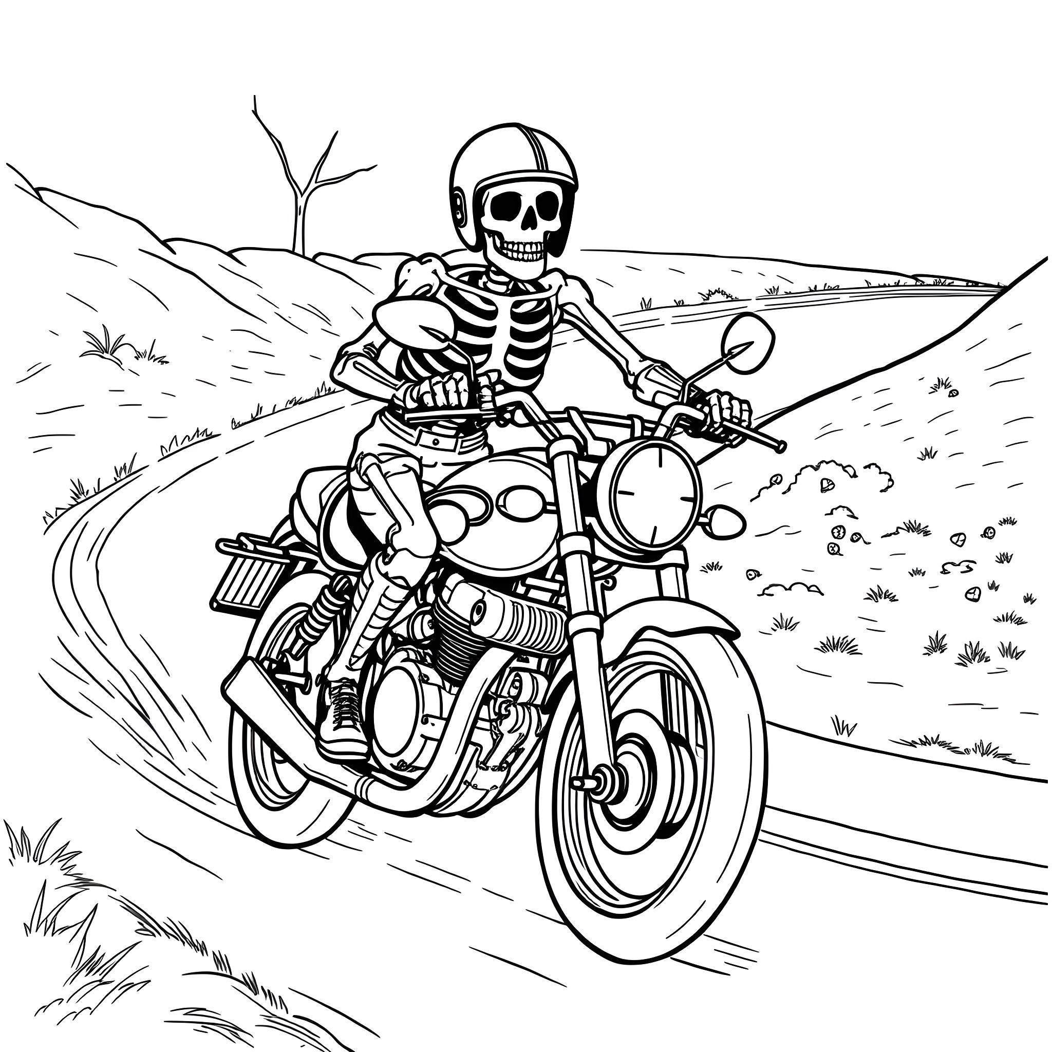 Skeleton Rider on Motorcycle in the Desert Coloring Page (free black-and-white line drawing printable PDF for all, from beginners to advanced learners, including children, teens, adults, and seniors)