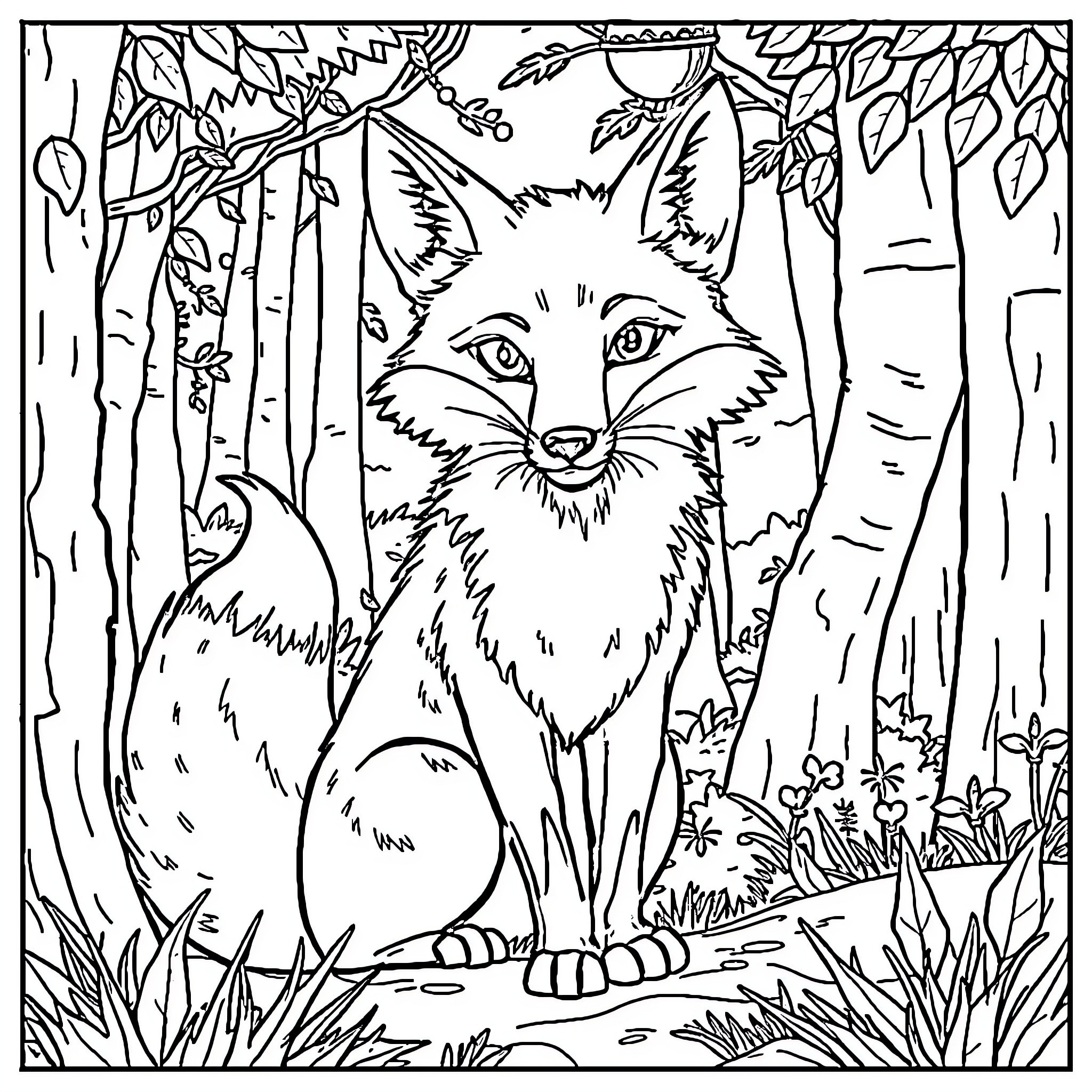 Fox peering curiously from the woodland foliage Coloring Page (free black-and-white line drawing printable PDF for all, from beginners to advanced learners, including children, teens, adults, and seniors)