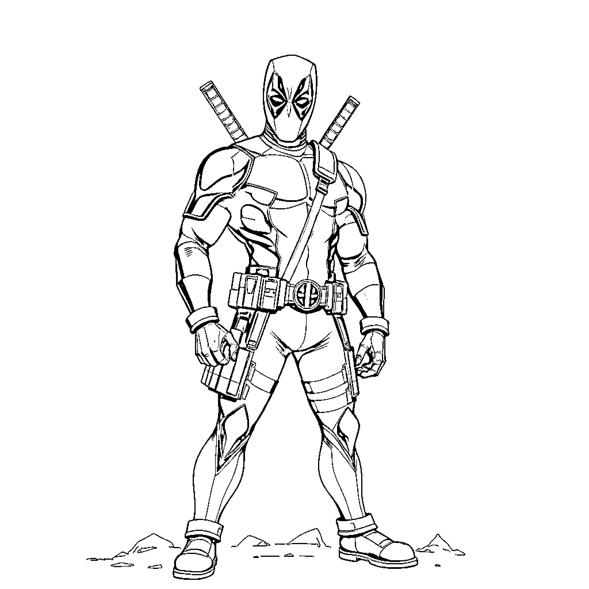 Deadpool ready for action in combat gear Coloring Page (free black-and-white line drawing printable PDF for all, from beginners to advanced learners, including children, teens, adults, and seniors)