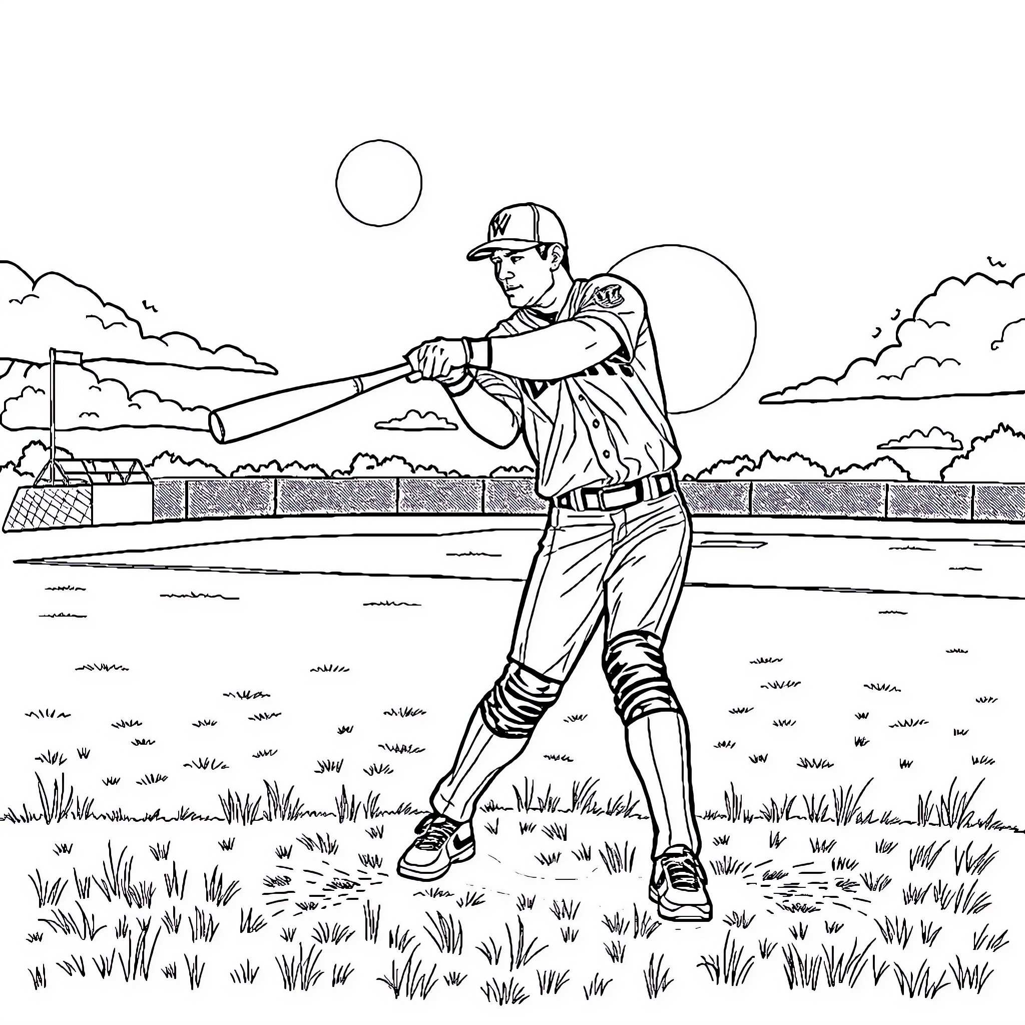 John Cena Hitting a Baseball on the Field Coloring Page (free black-and-white line drawing printable PDF for all, from beginners to advanced learners, including children, teens, adults, and seniors)