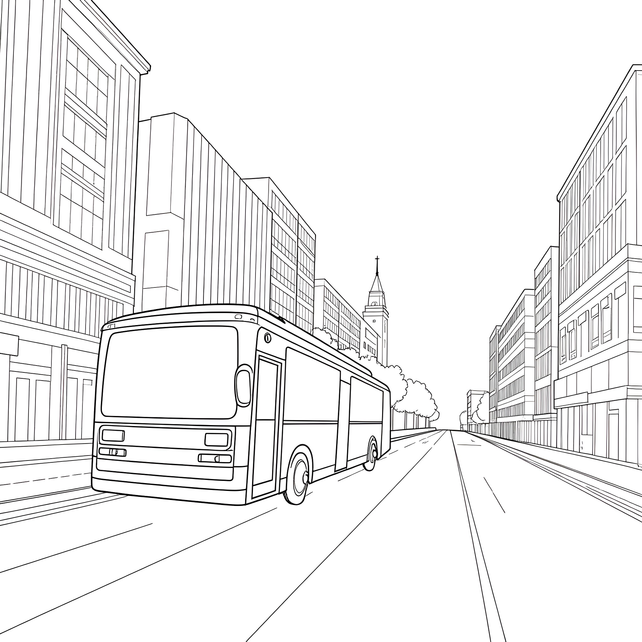 Bus on a city street with tall buildings Coloring Page (free black-and-white line drawing printable PDF for all, from beginners to advanced learners, including children, teens, adults, and seniors)