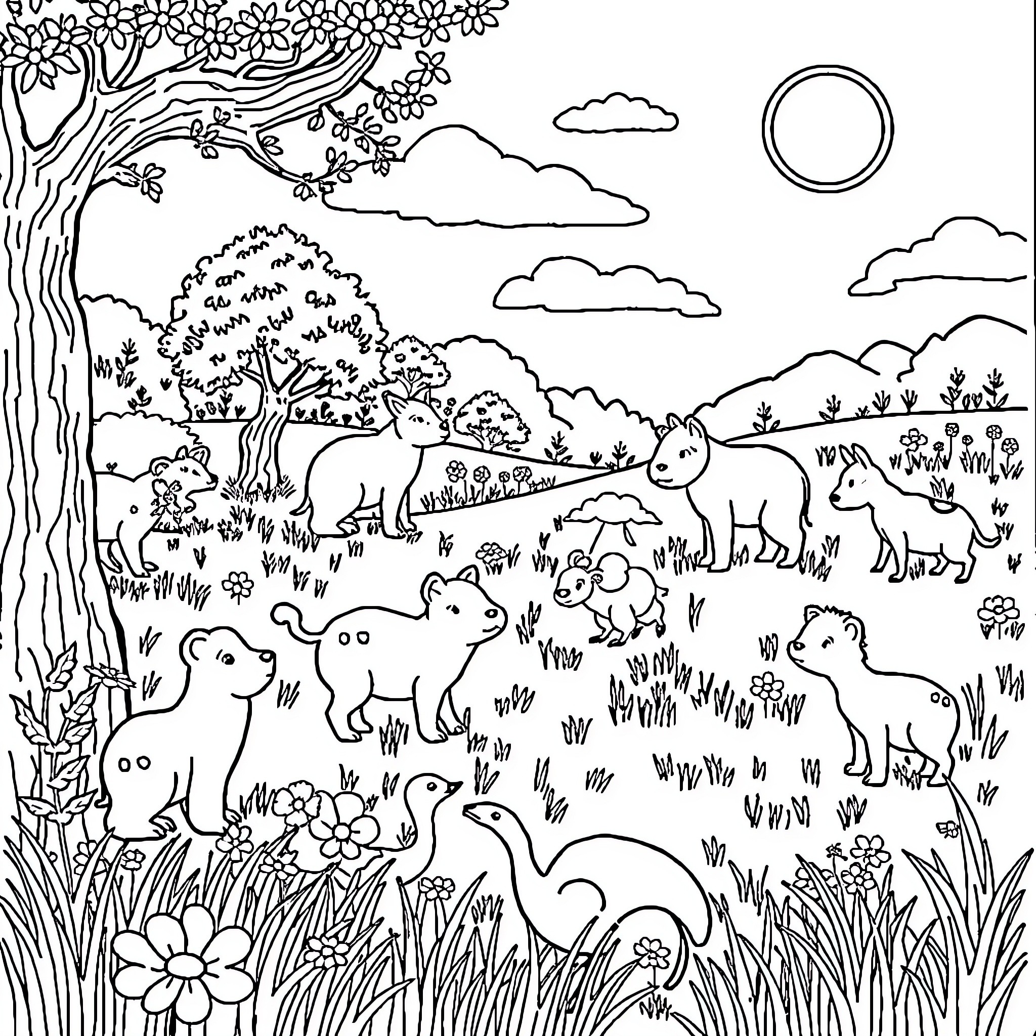 Animal scene with various wildlife in nature Coloring Page (free black-and-white line drawing printable PDF for all, from beginners to advanced learners, including children, teens, adults, and seniors)