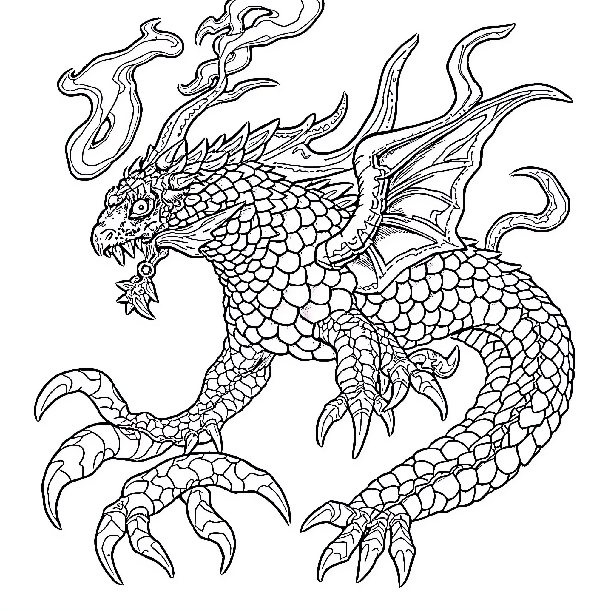 Arceoxis Fierce Dragon Creature in Stylized Illustration Coloring Page (free black-and-white line drawing printable PDF for all, from beginners to advanced learners, including children, teens, adults, and seniors)