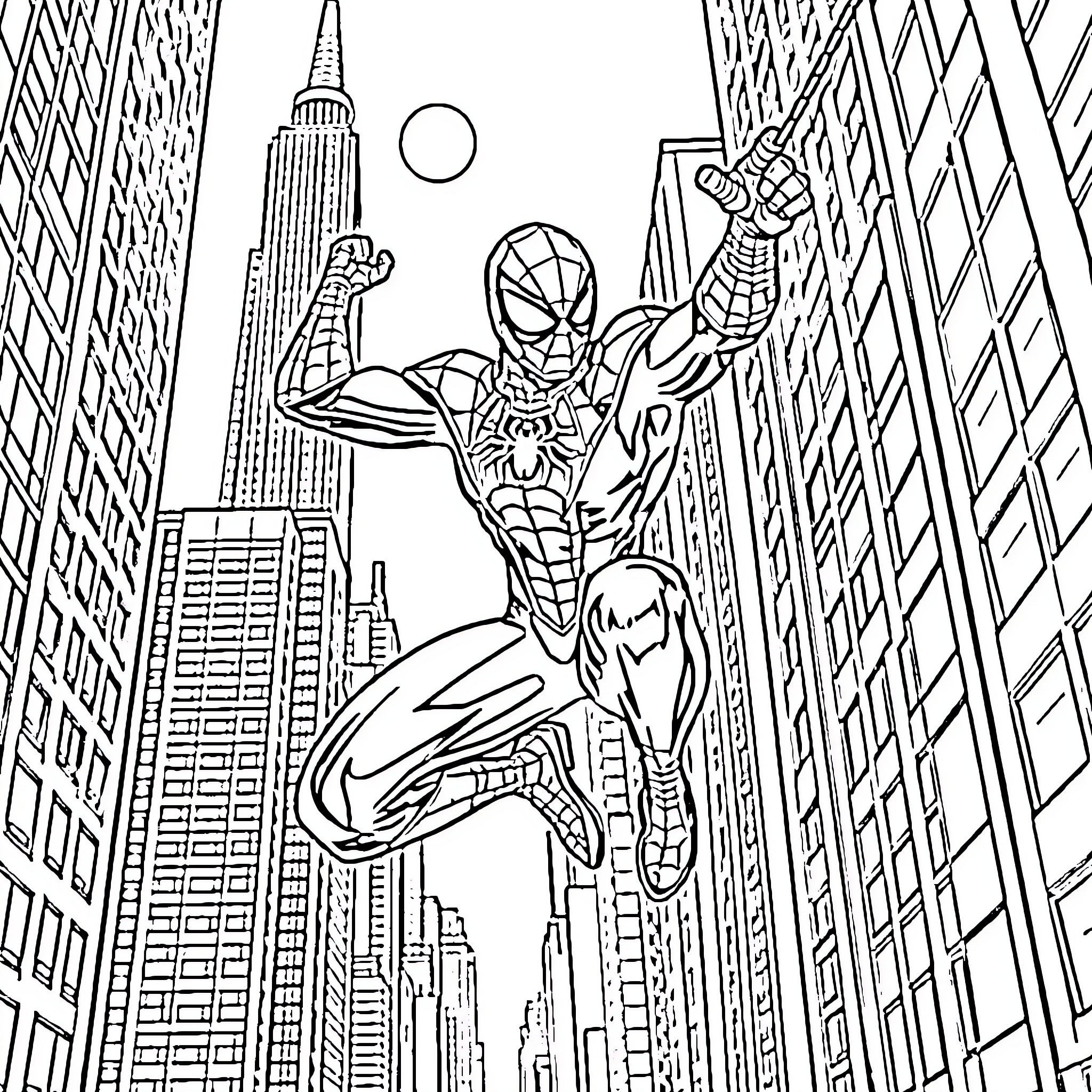 Spiderman swinging through the city skyline Coloring Page (free black-and-white line drawing printable PDF for all, from beginners to advanced learners, including children, teens, adults, and seniors)
