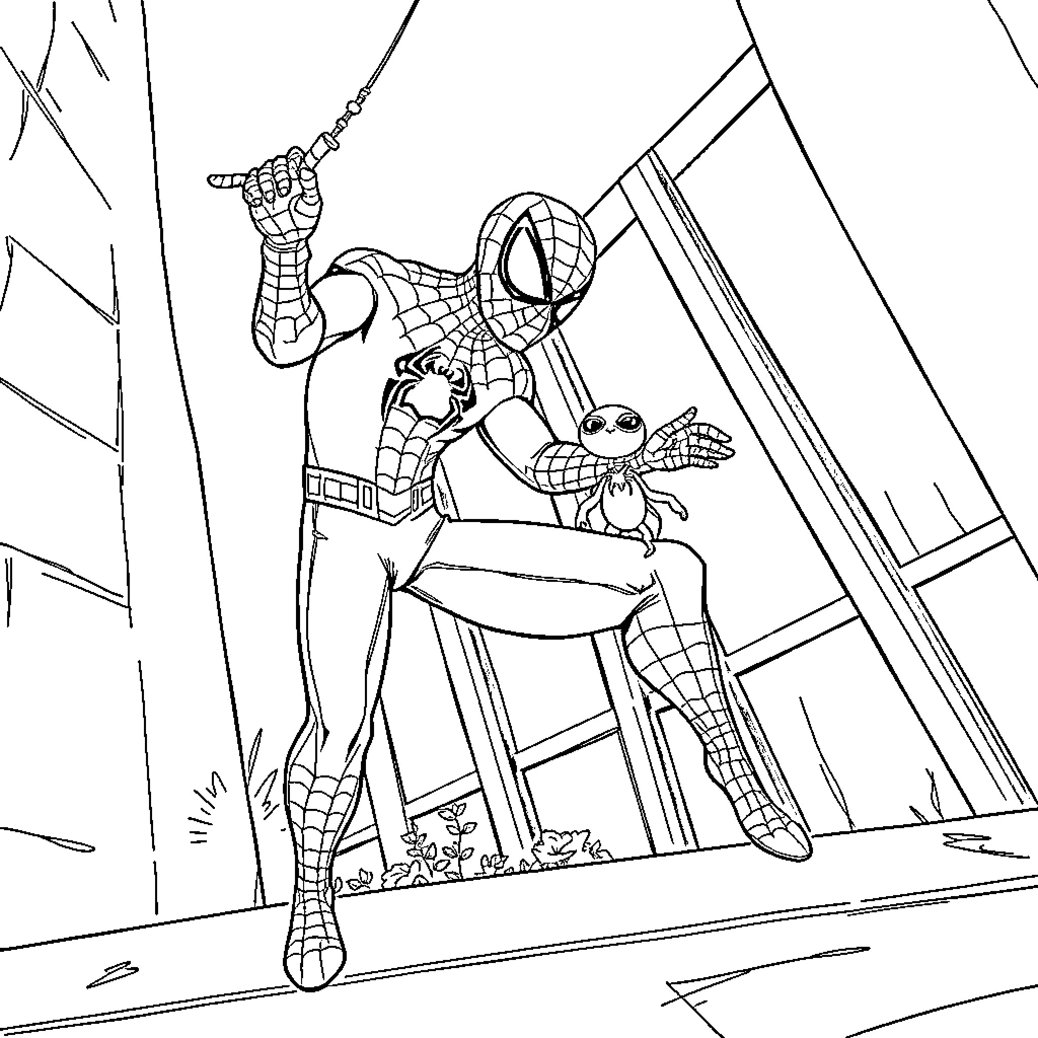 Spider-Man swinging and posing with web-slinging action Coloring Page (free black-and-white line drawing printable PDF for all, from beginners to advanced learners, including children, teens, adults, and seniors)