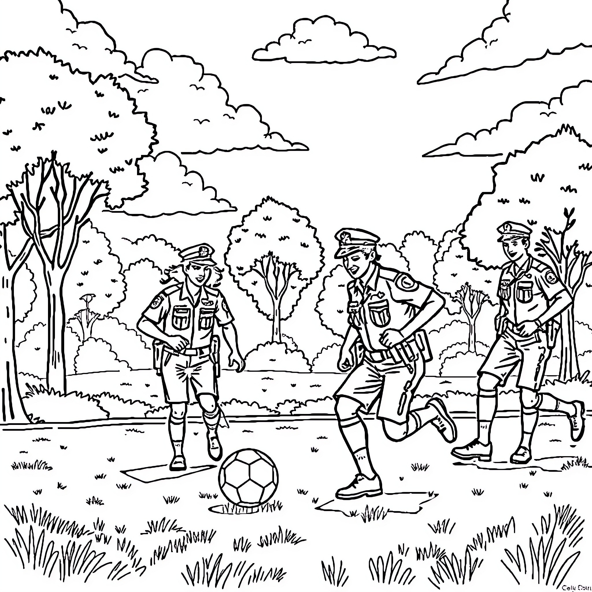 Parrot playing soccer with police officers in the park Coloring Page (free black-and-white line drawing printable PDF for all, from beginners to advanced learners, including children, teens, adults, and seniors)